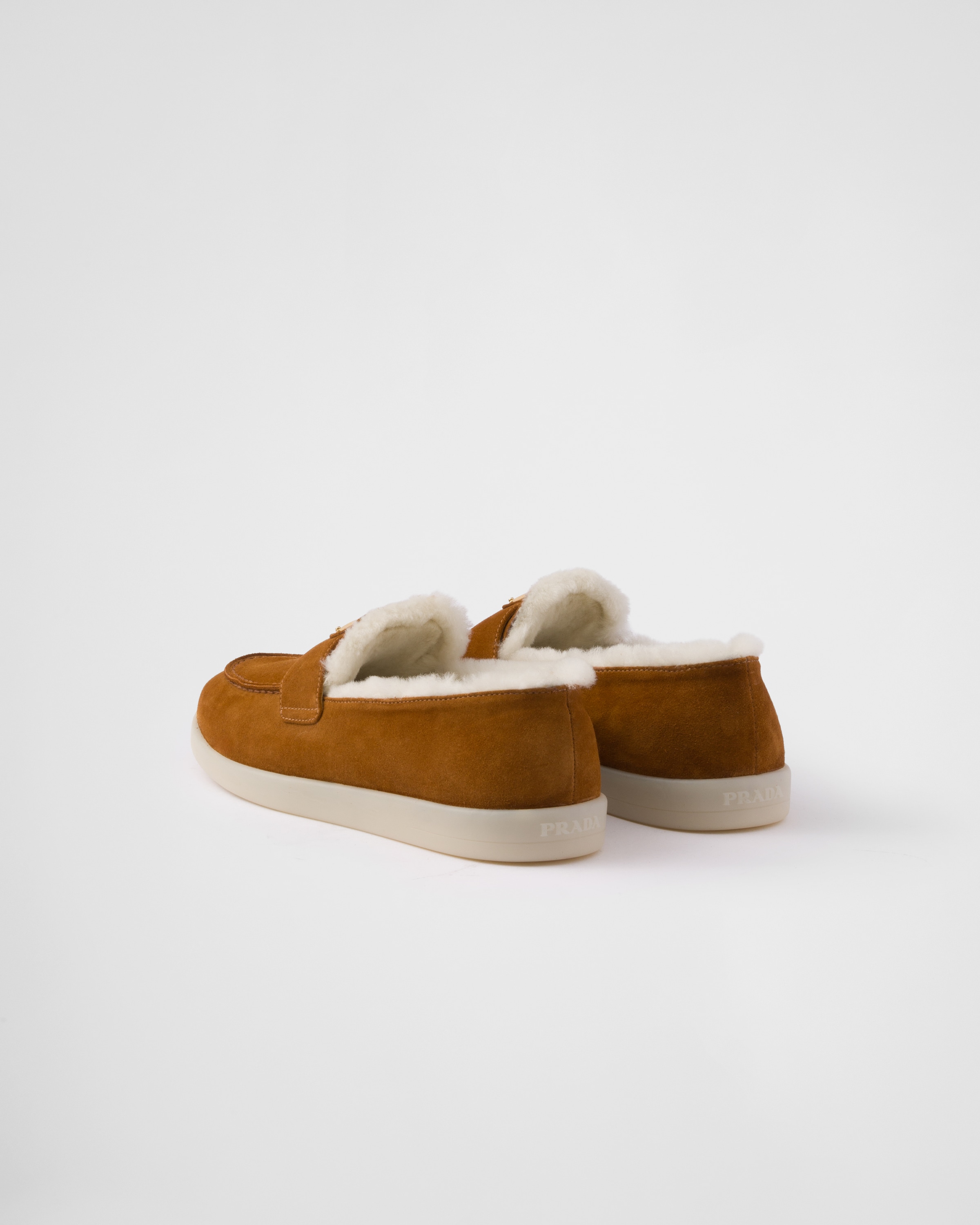 Cognac Suede And Shearling Loafers | PRADA