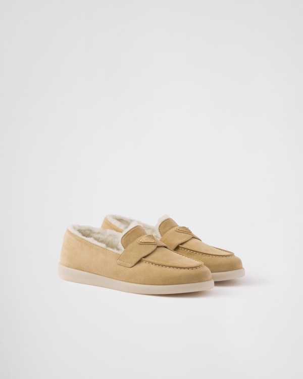 Ecru Suede and shearling slippers | PRADA