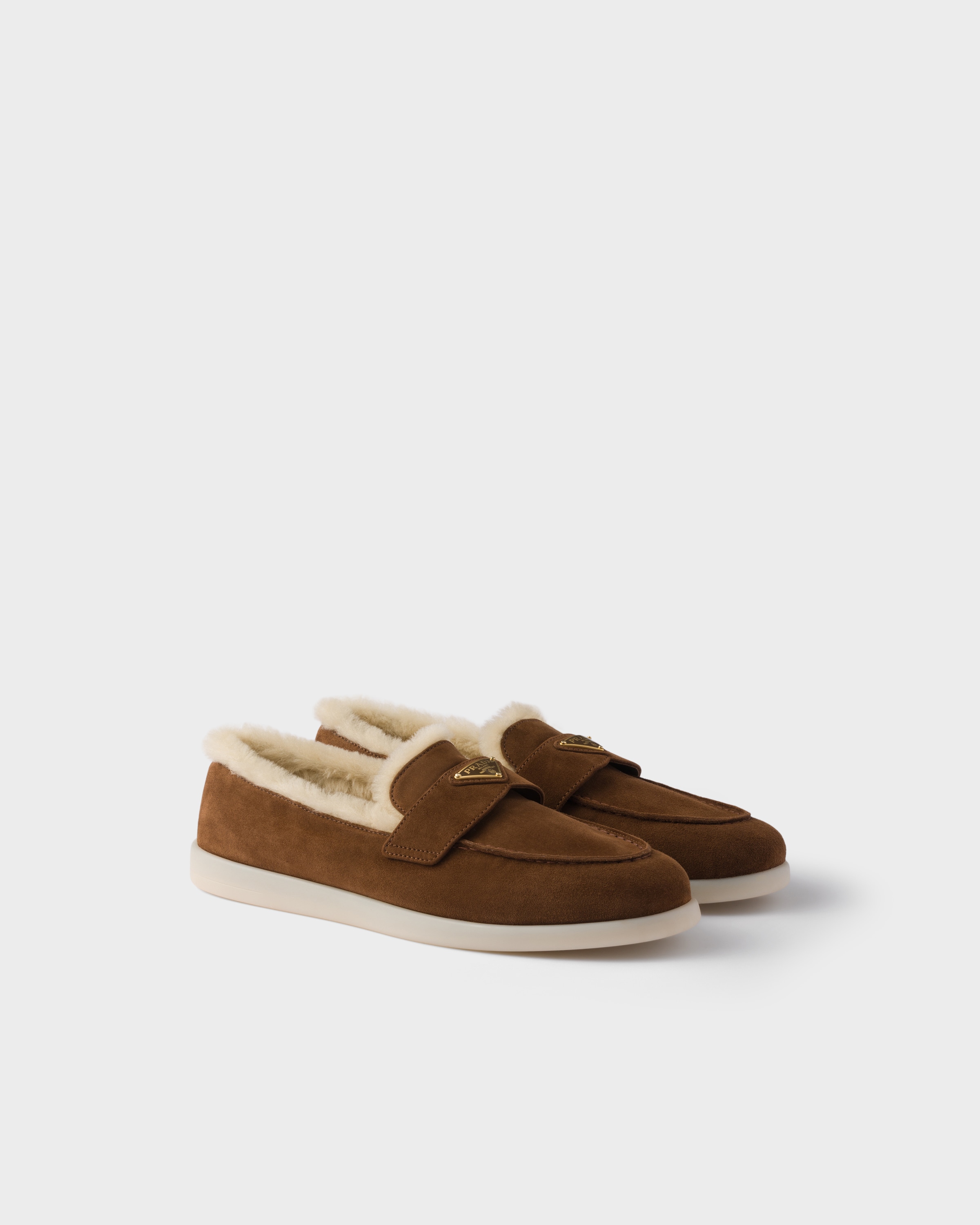 Prada Suede And Shearling Loafers In Brown