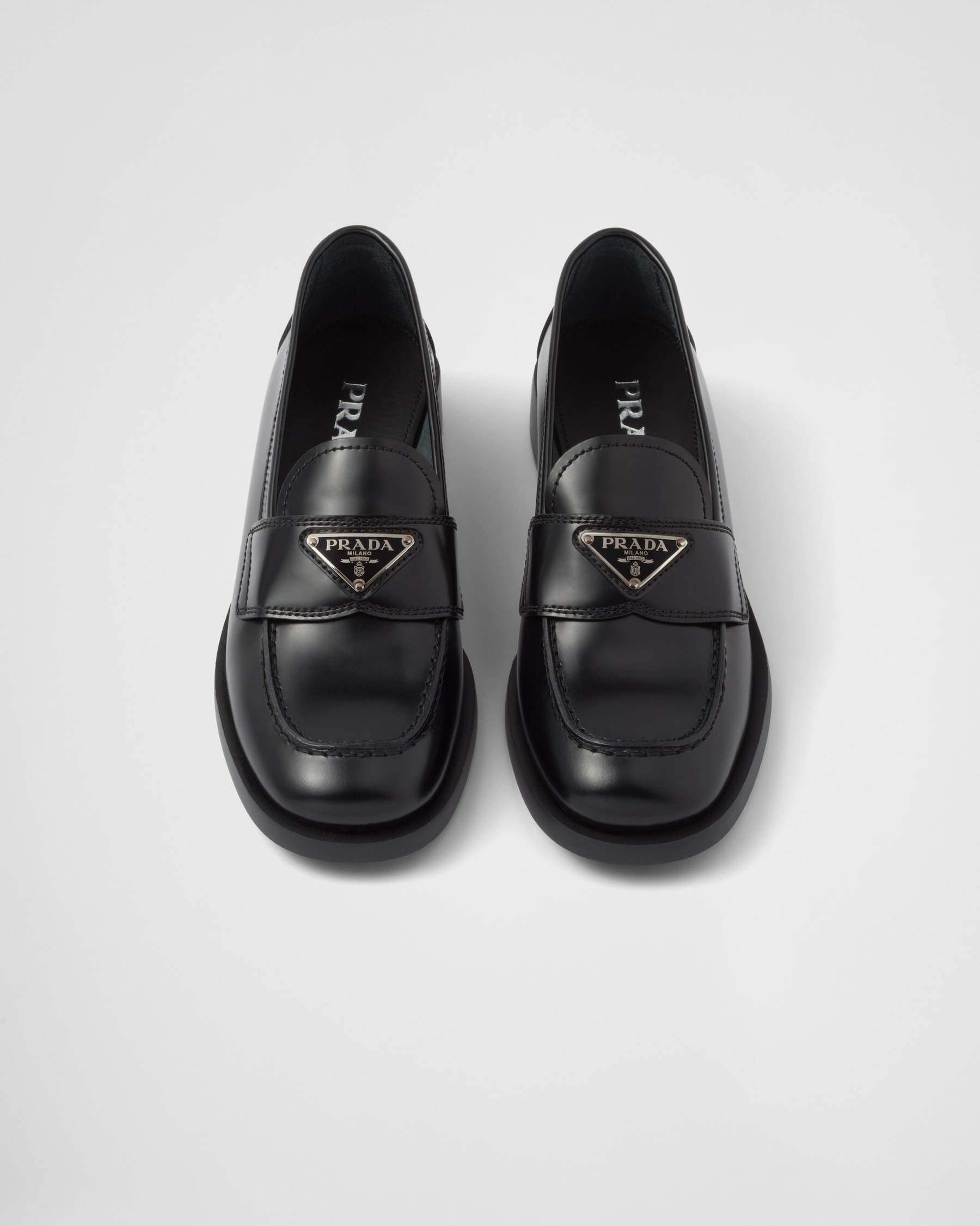 Black Unlined Brushed Leather Loafers | PRADA