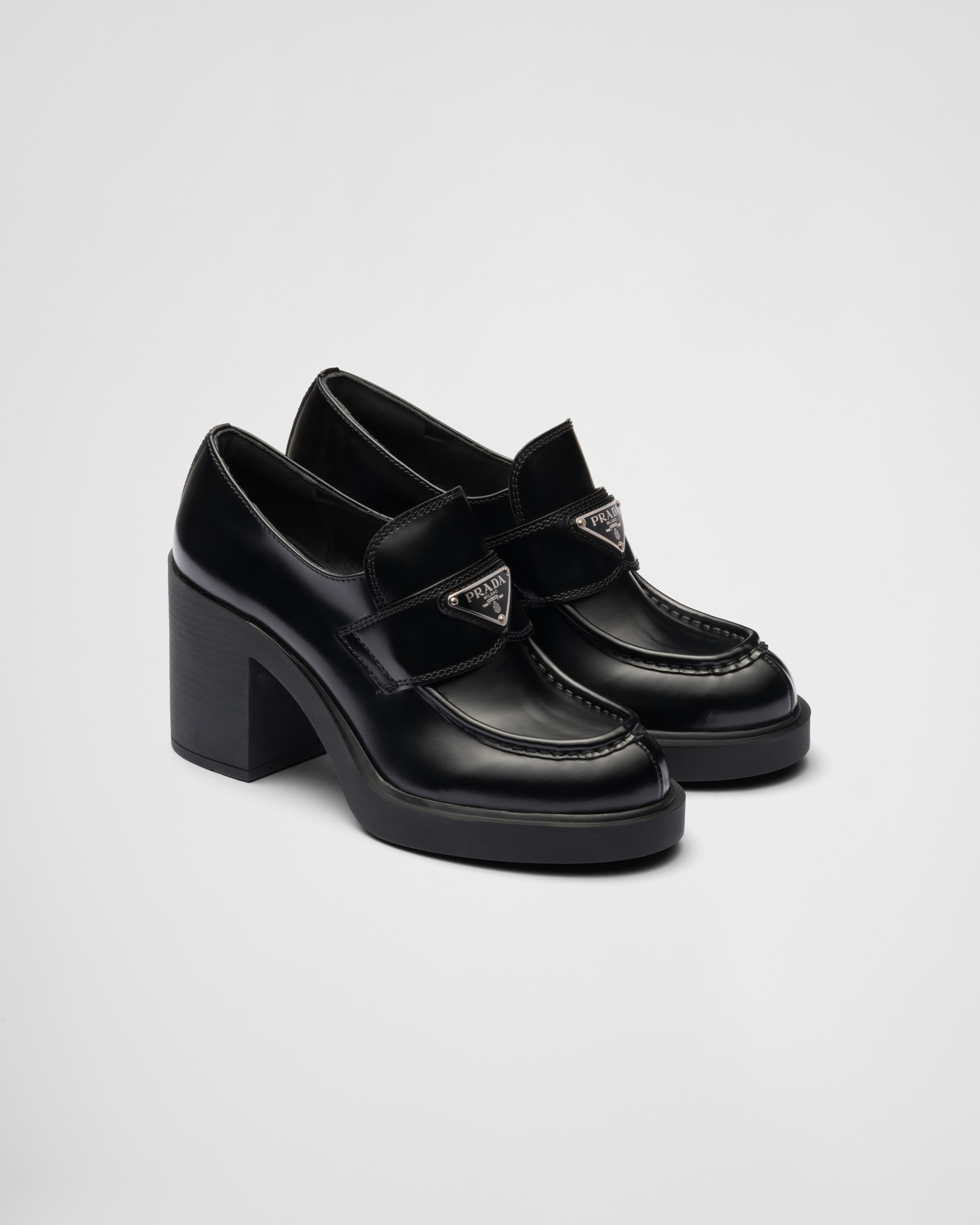 Black Chocolate high-heeled brushed leather loafers | Prada