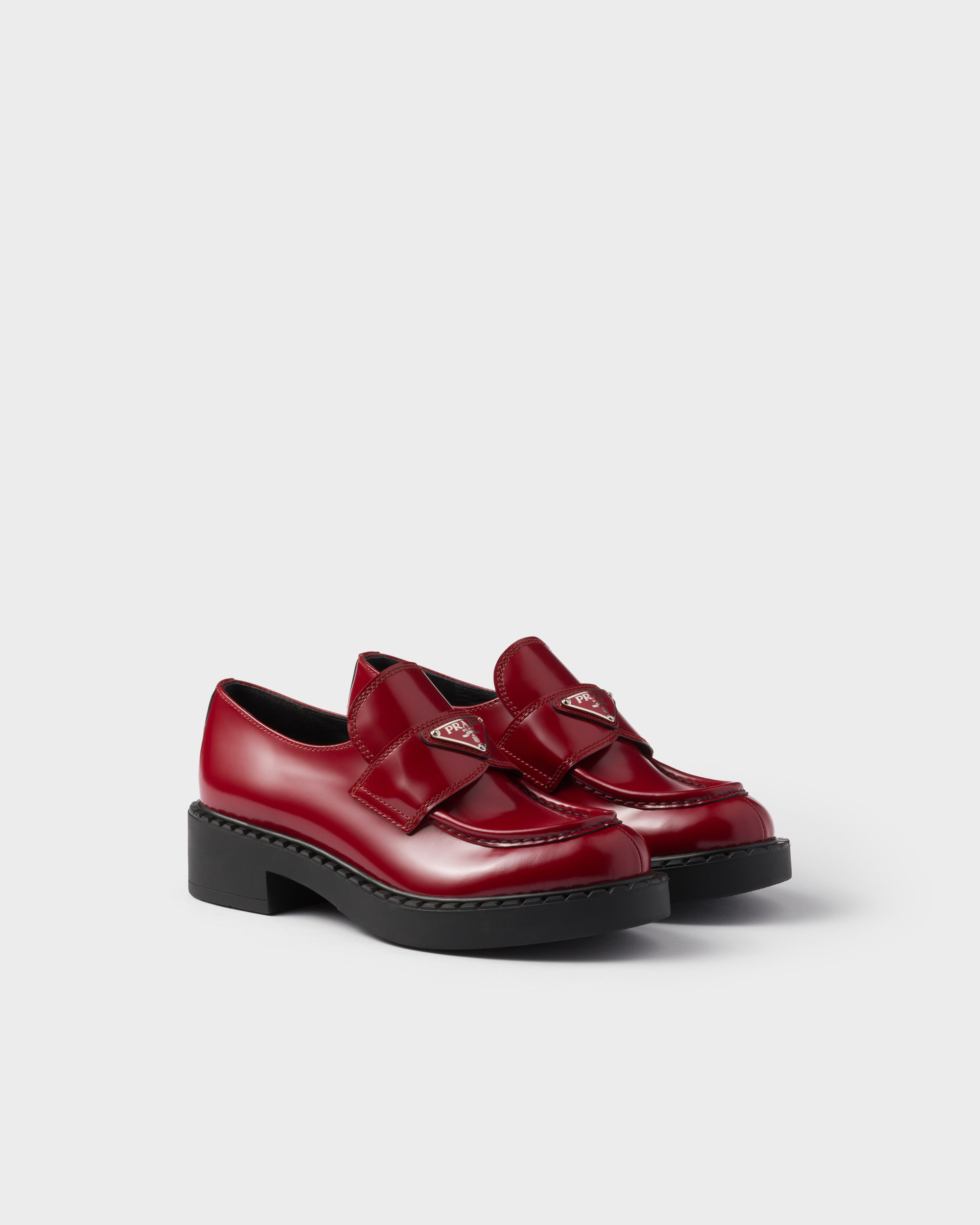 Prada Chocolate Brushed Leather Loafers In Red