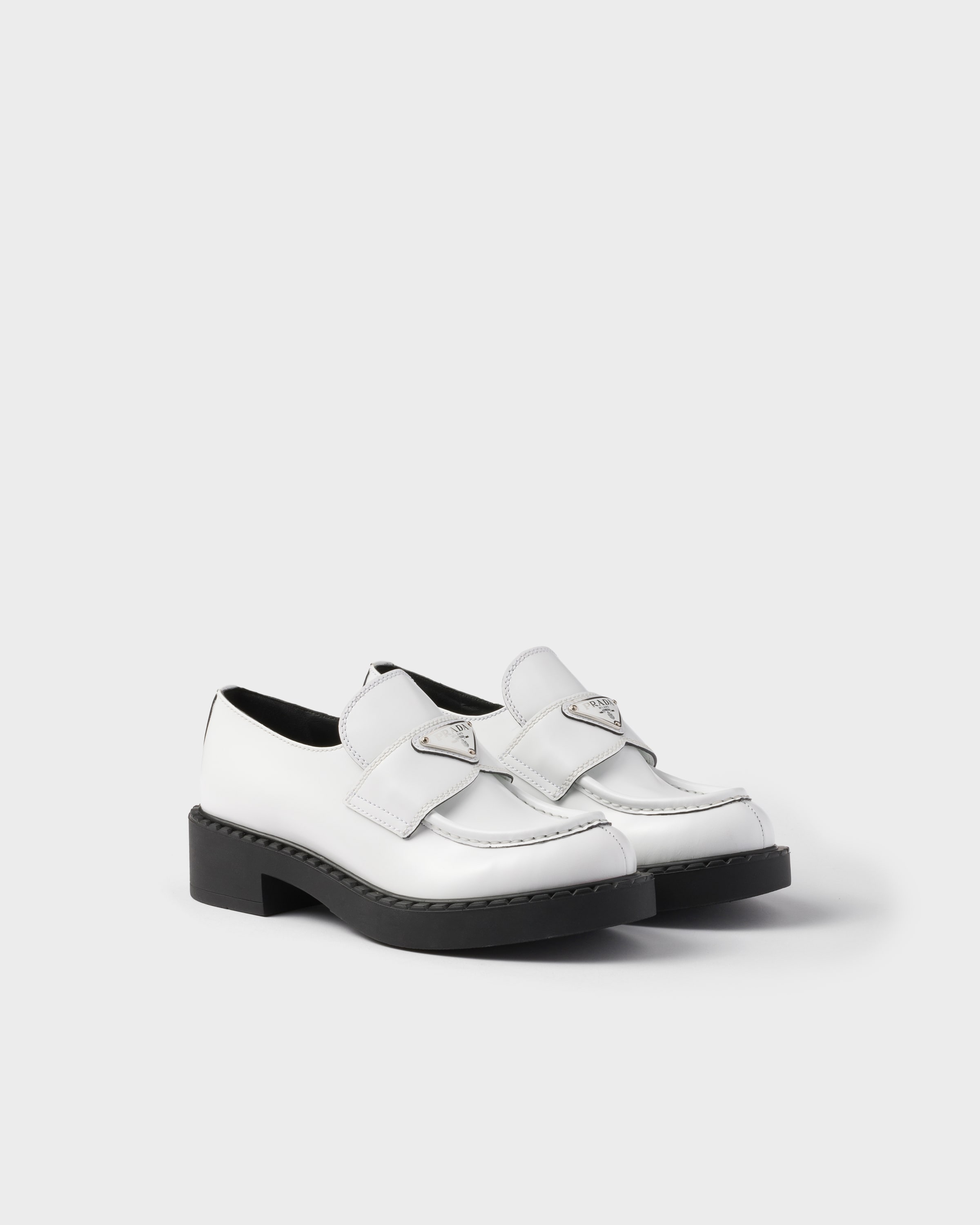 Prada Chocolate Brushed Leather Loafers In White