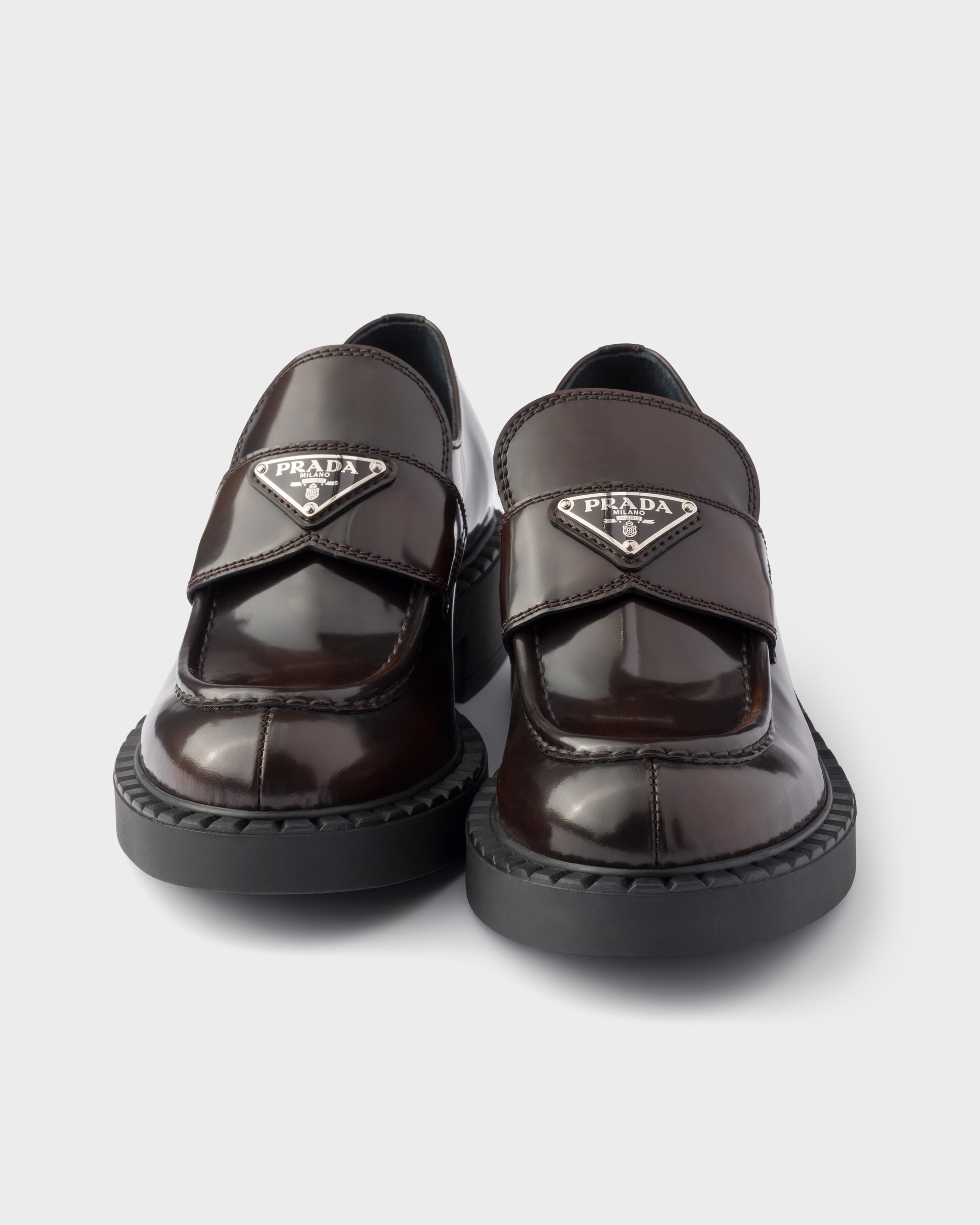 Sienna Chocolate Brushed Leather Loafers | PRADA - United States