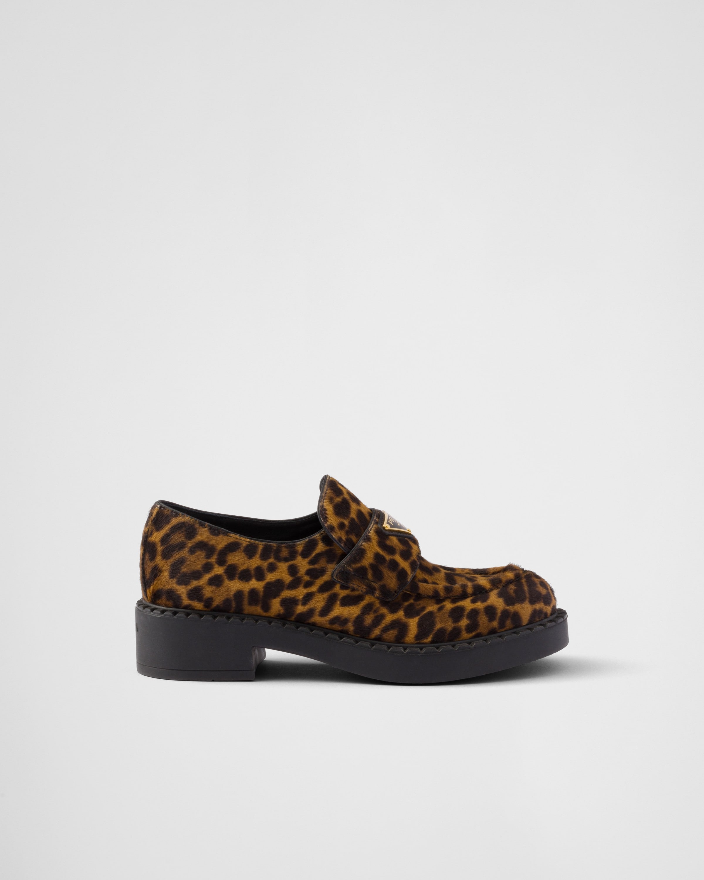 Prada Leopard Calf Hair Triangle Loafers In Honey