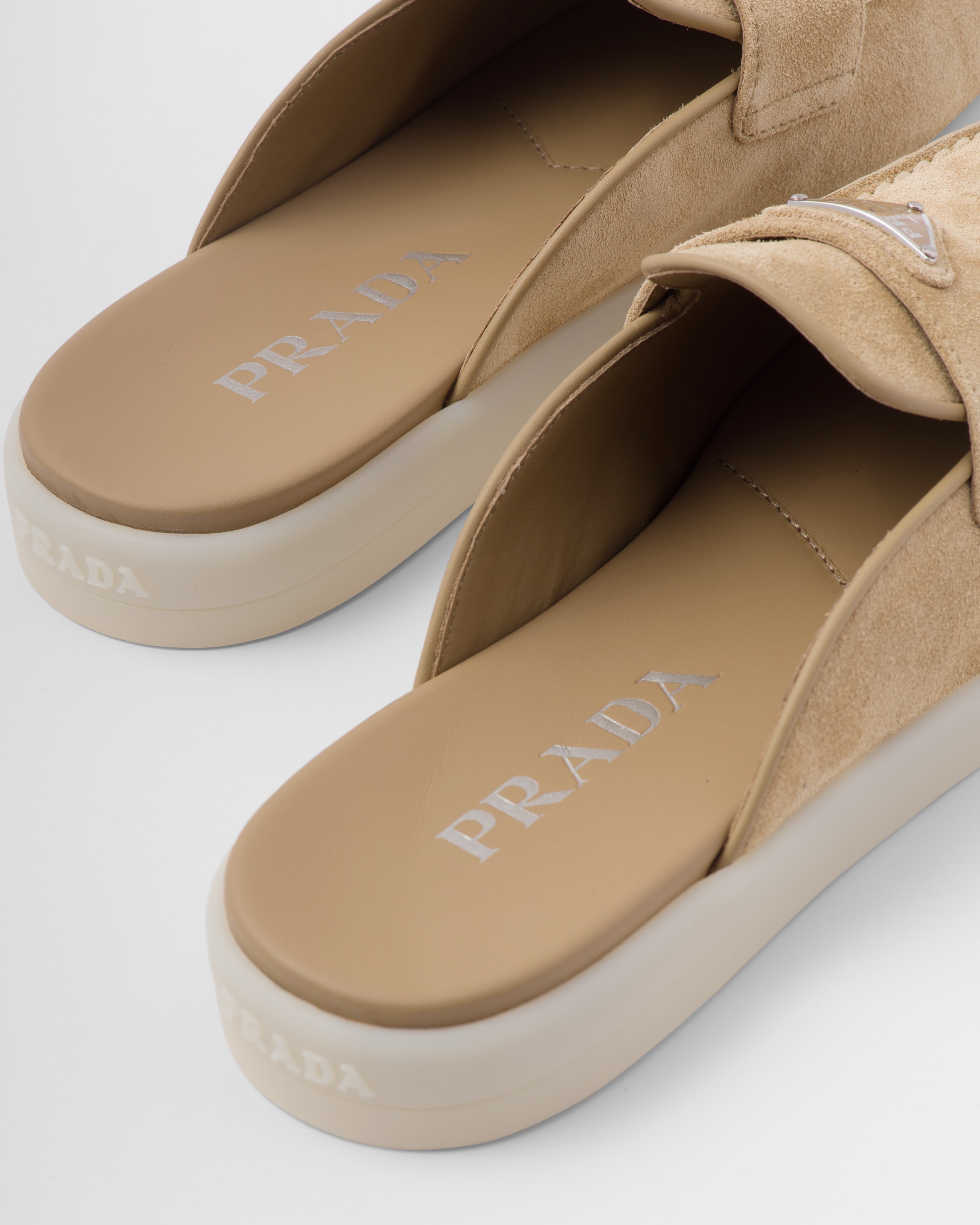 Ecru Suede Leather Sabots | PRADA display picture 2