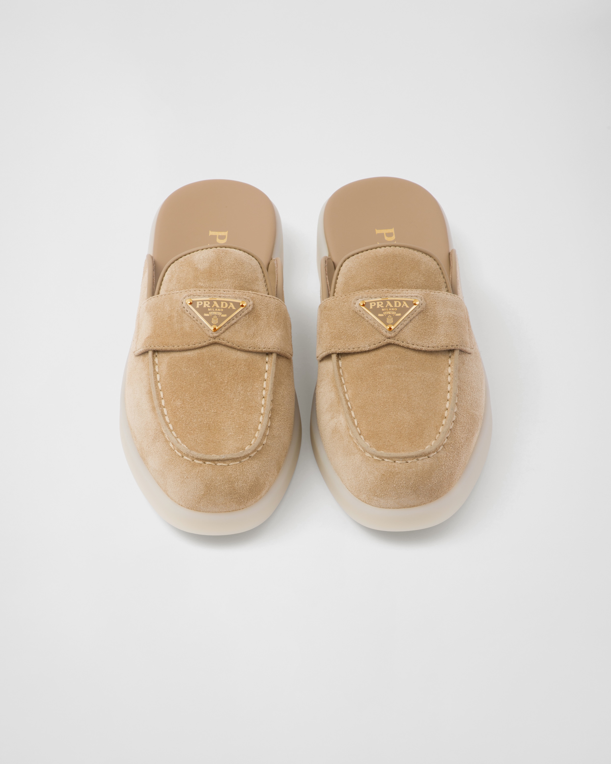 Shop Prada Suede Mules In Ecru