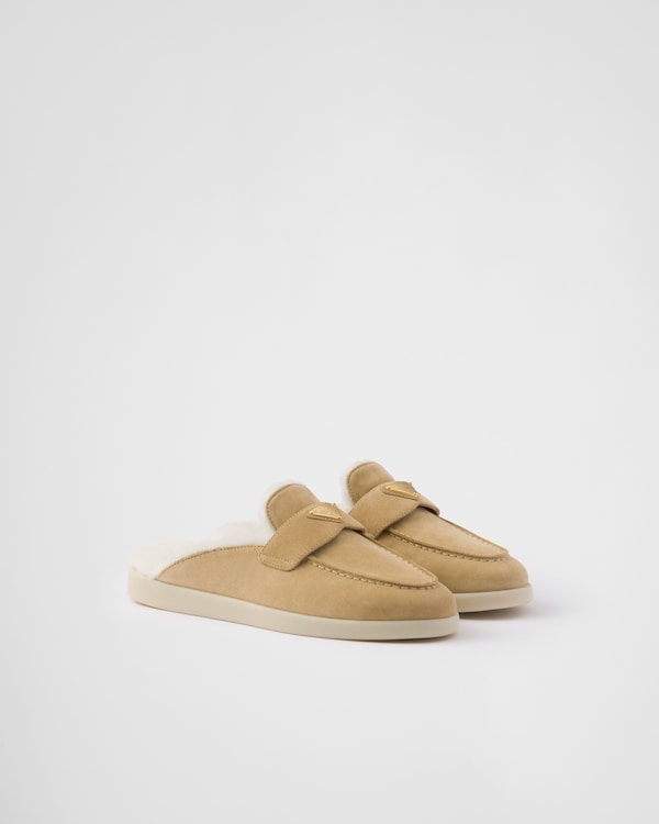 Ecru Suede and shearling slippers | PRADA