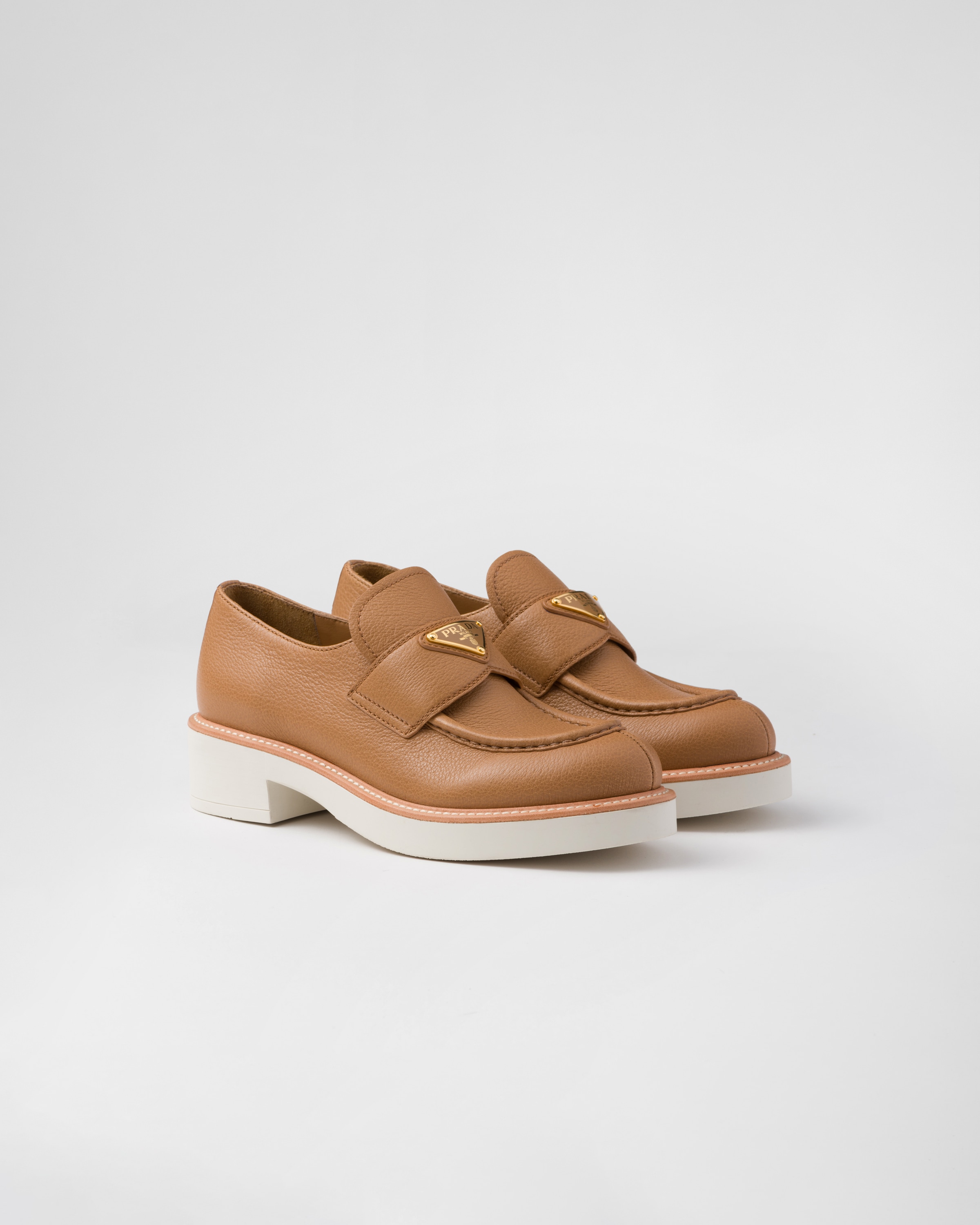 Shop Prada Leather Loafers In Caramel