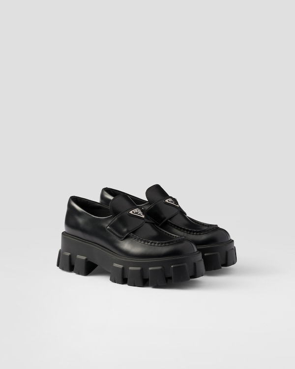 Black Monolith brushed leather lace-up shoes | PRADA