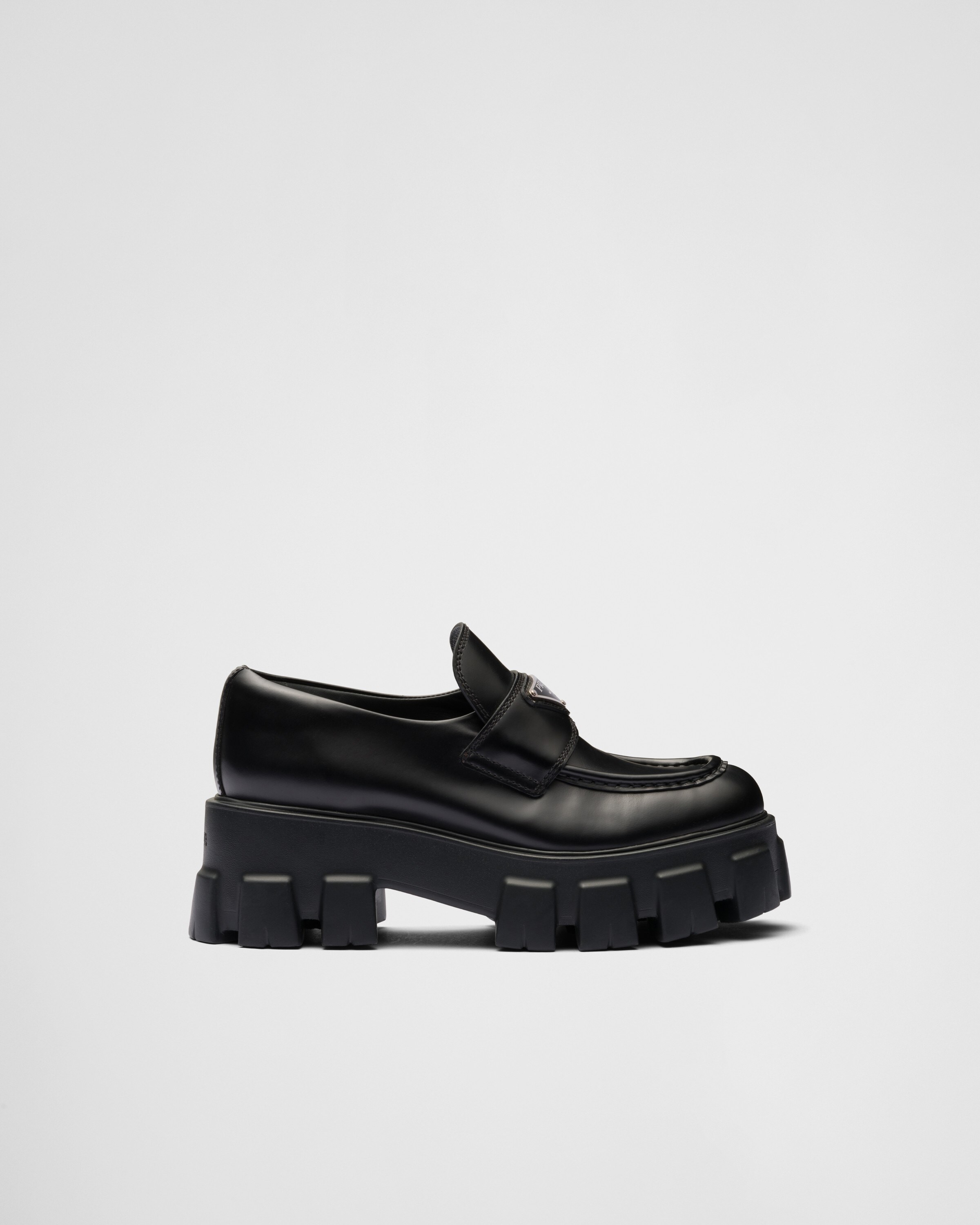 Prada Brushed Leather Monolith Loafers, Woman, Black, Size 36,5