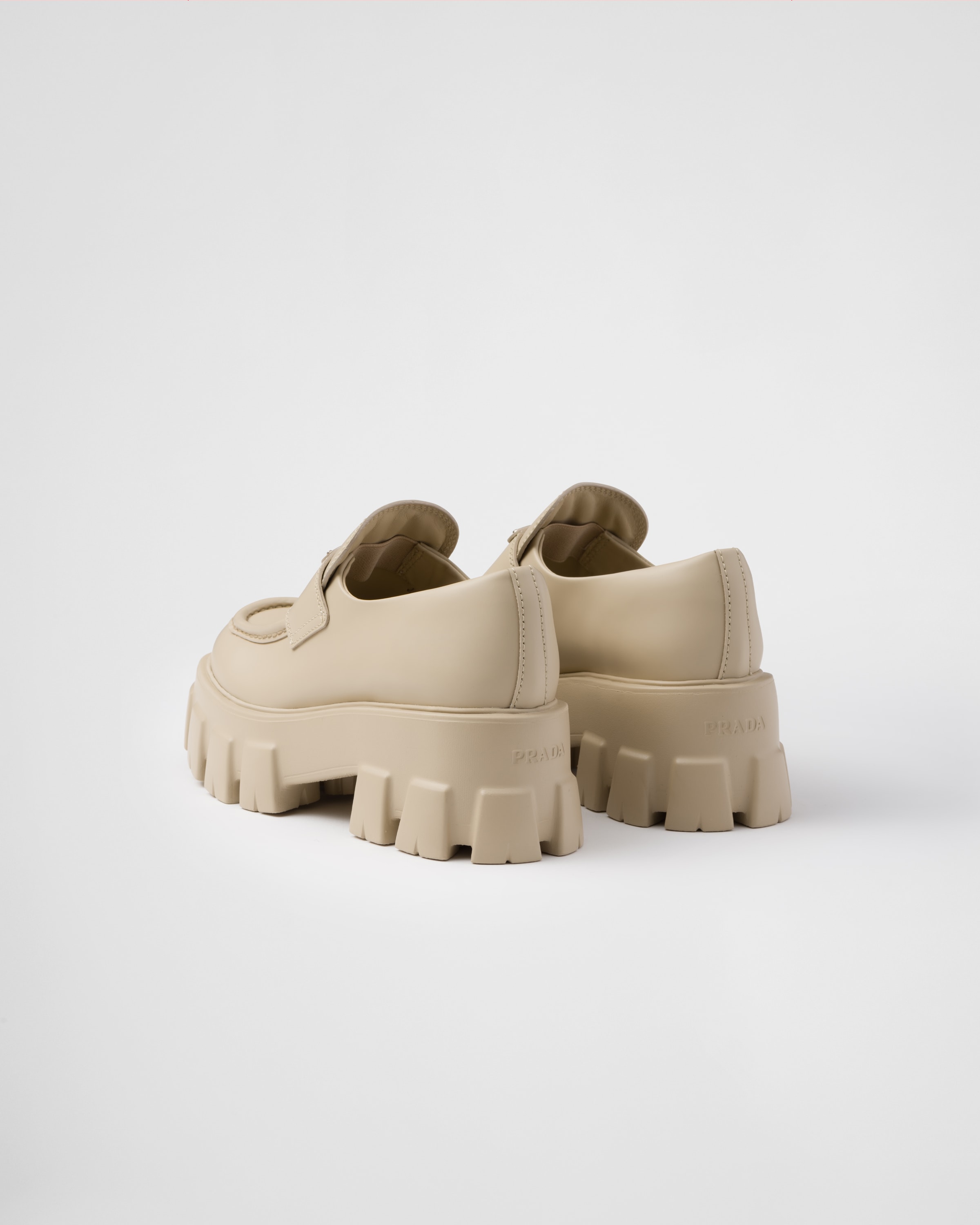 Desert Beige Brushed Leather Monolith Loafers PRADA