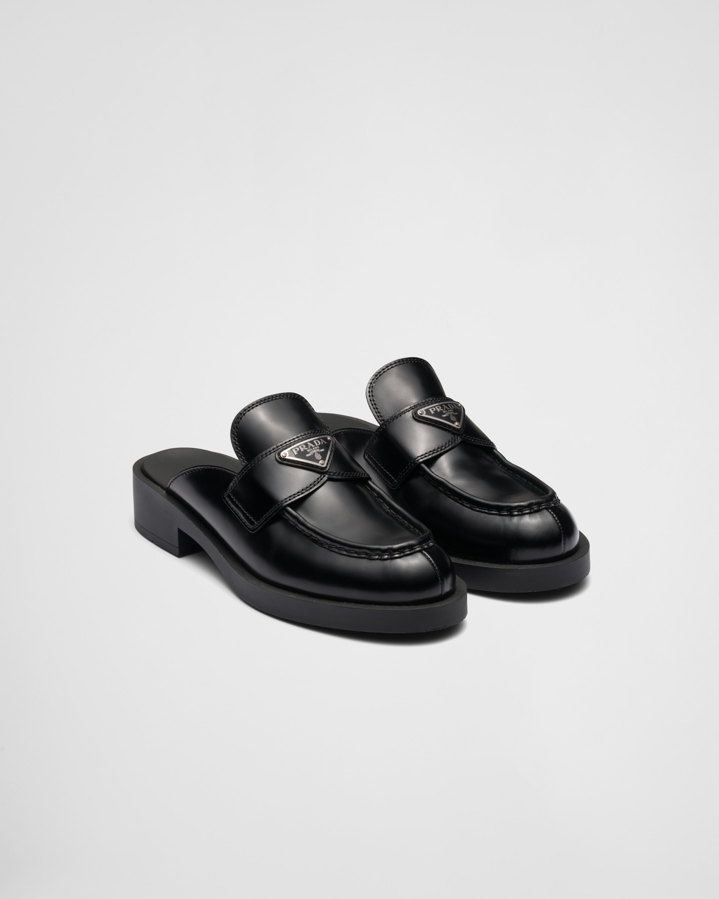 Black Chocolate Brushed Leather Mules | PRADA