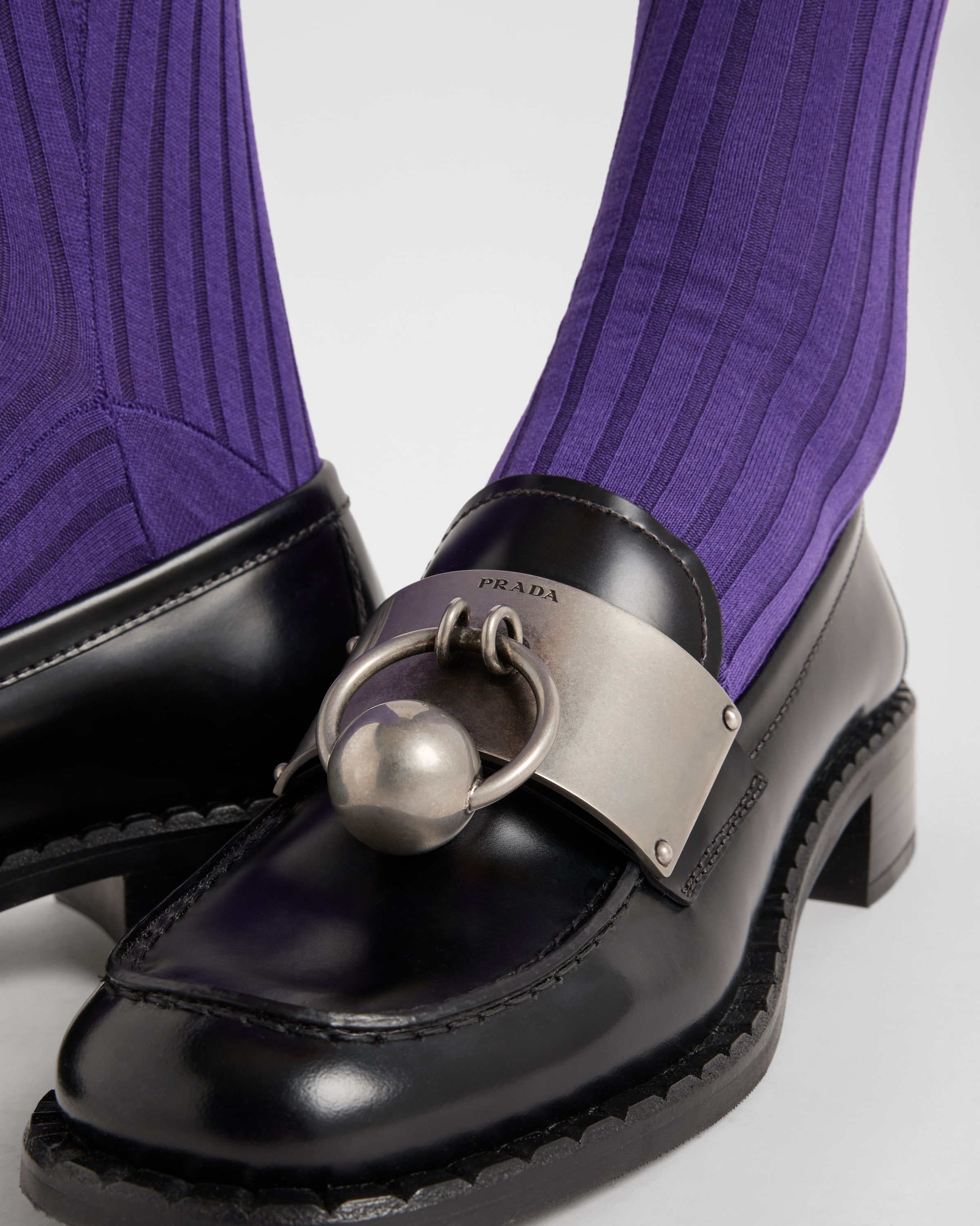 Shop Prada Brushed Leather Loafers With Metal Details In Black