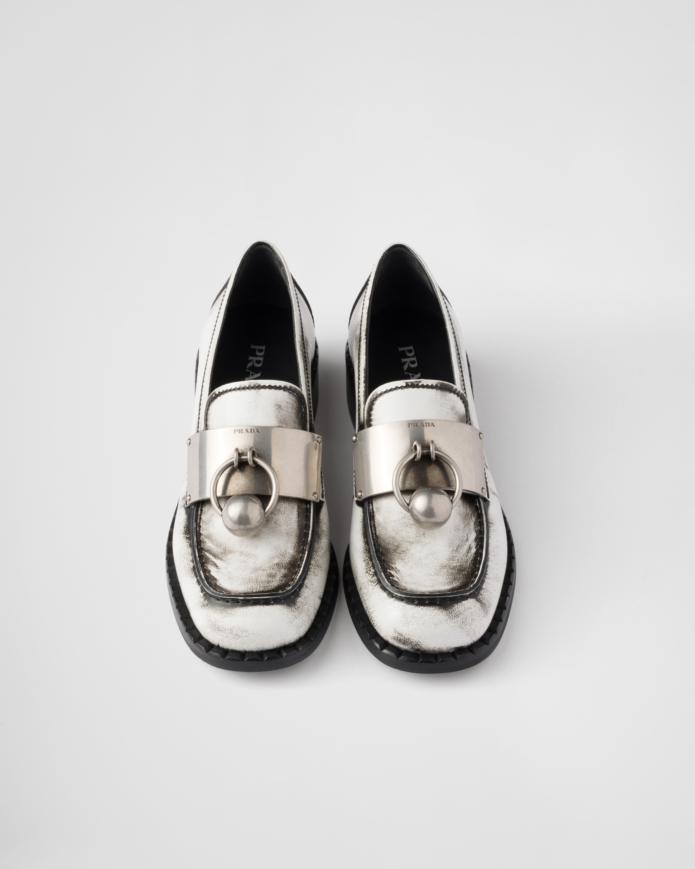 Shop Prada Brushed Leather Loafers With Metal Details In White