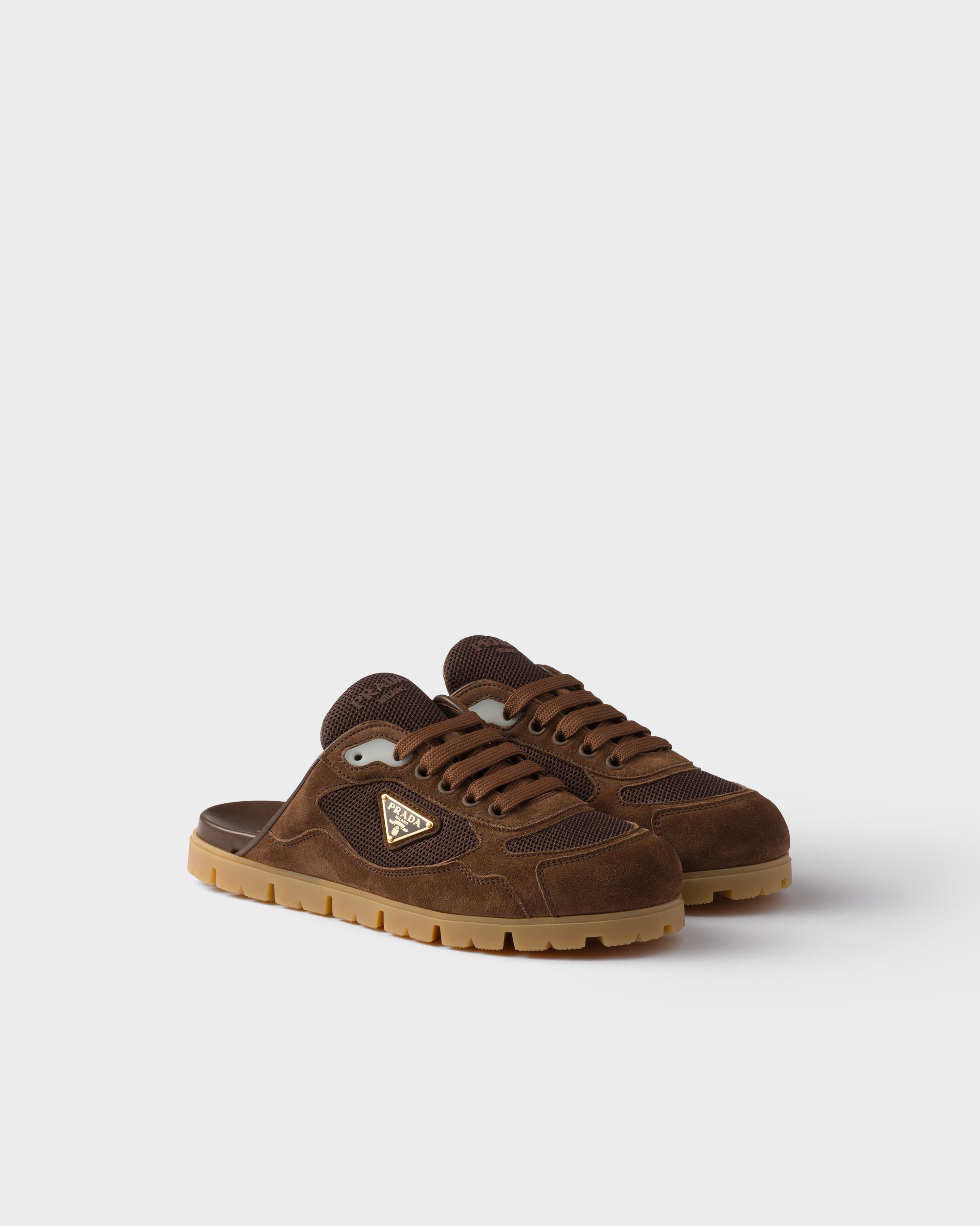 Shop Prada Trail Mesh Fabric And Suede Mules