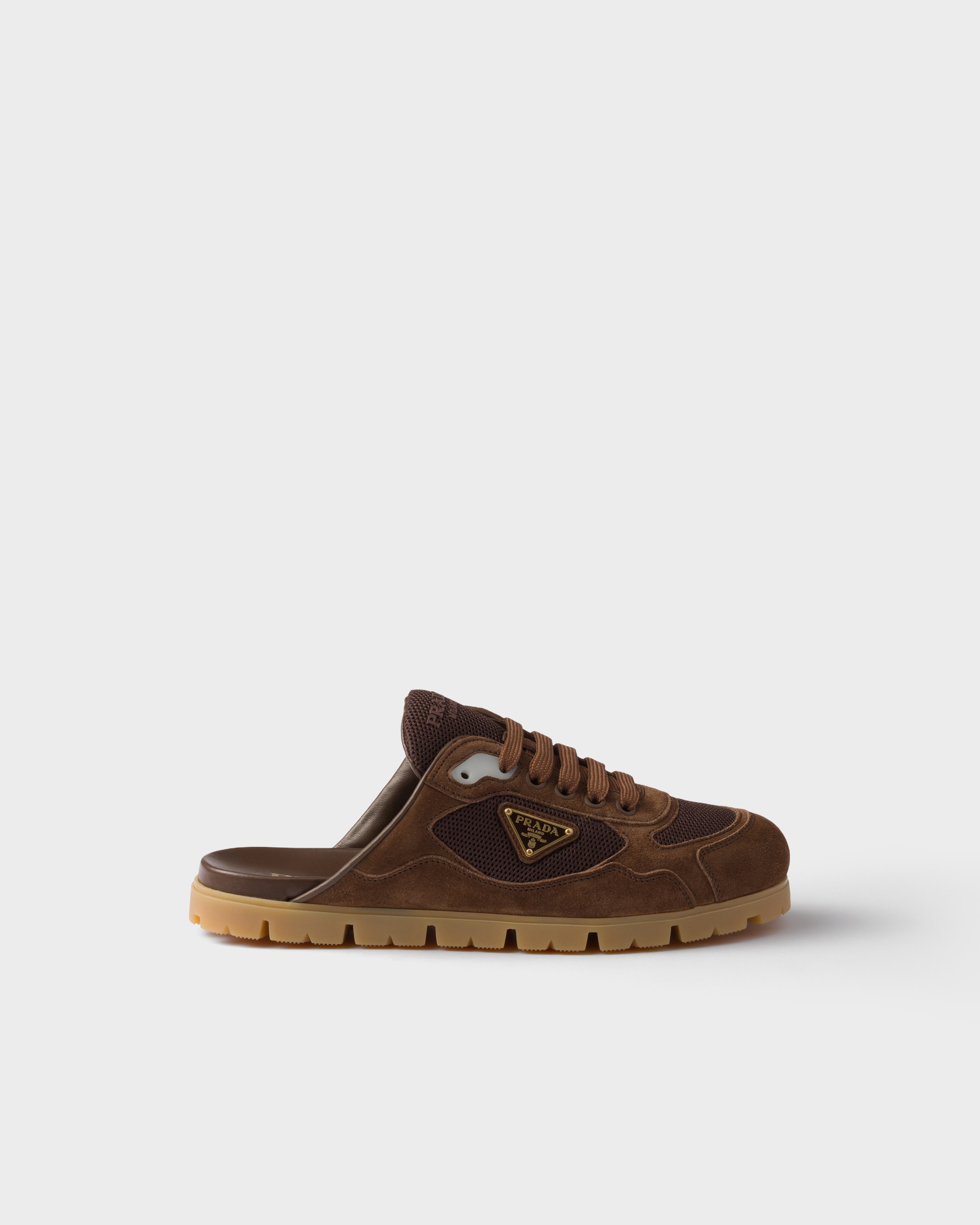 Shop Prada Trail Mesh Fabric And Suede Mules
