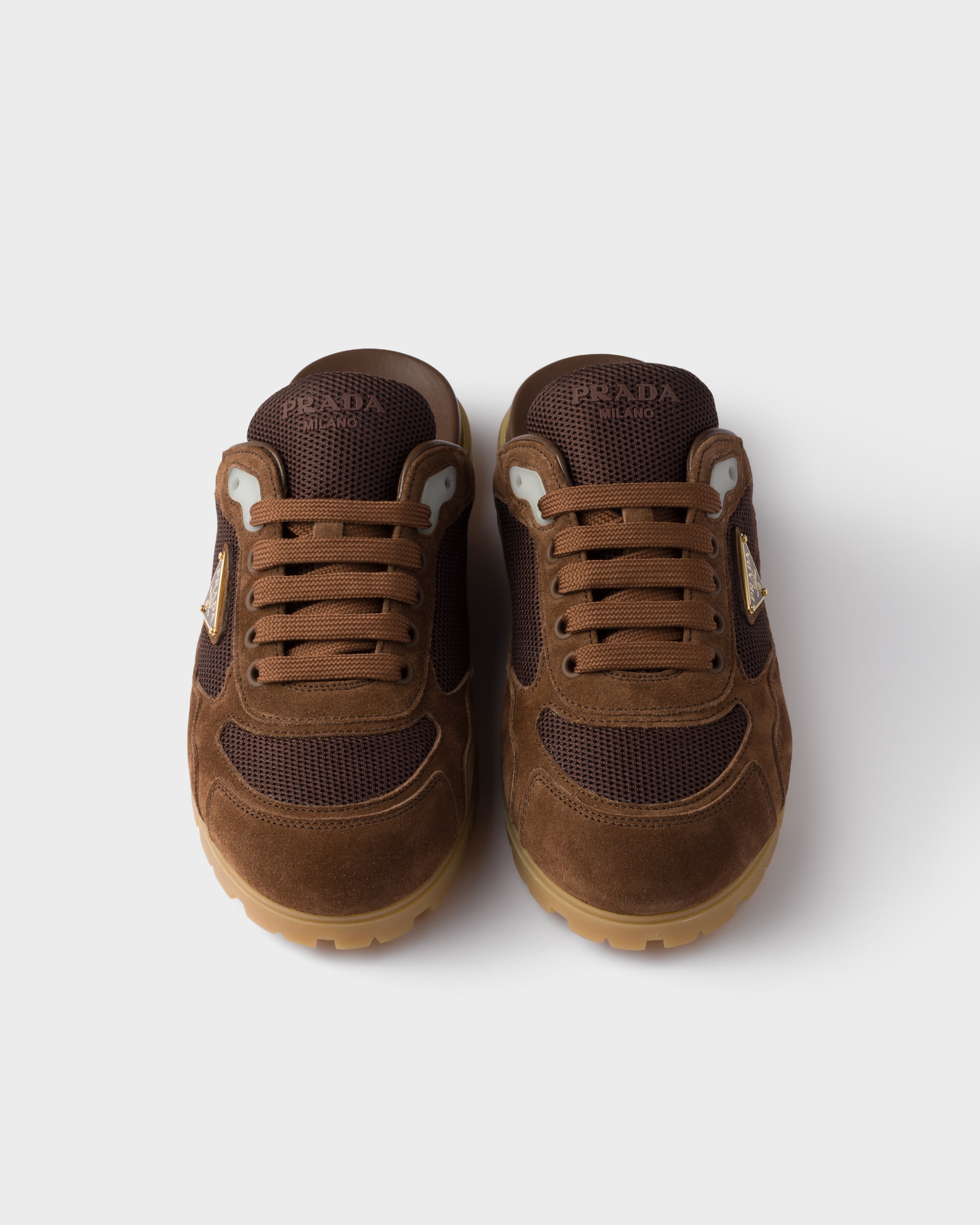 Shop Prada Trail Mesh Fabric And Suede Mules