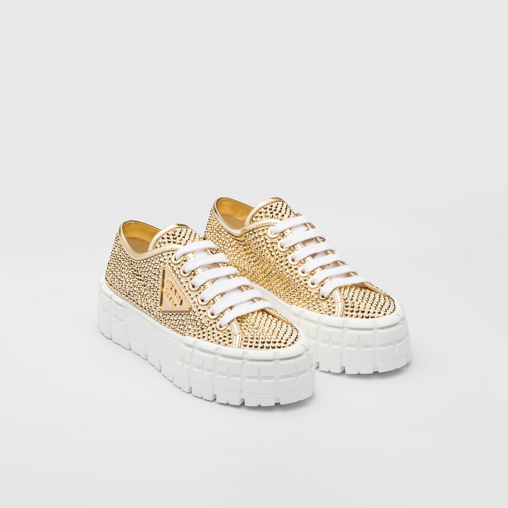 Platinum Satin and leather sneakers with crystals | Prada