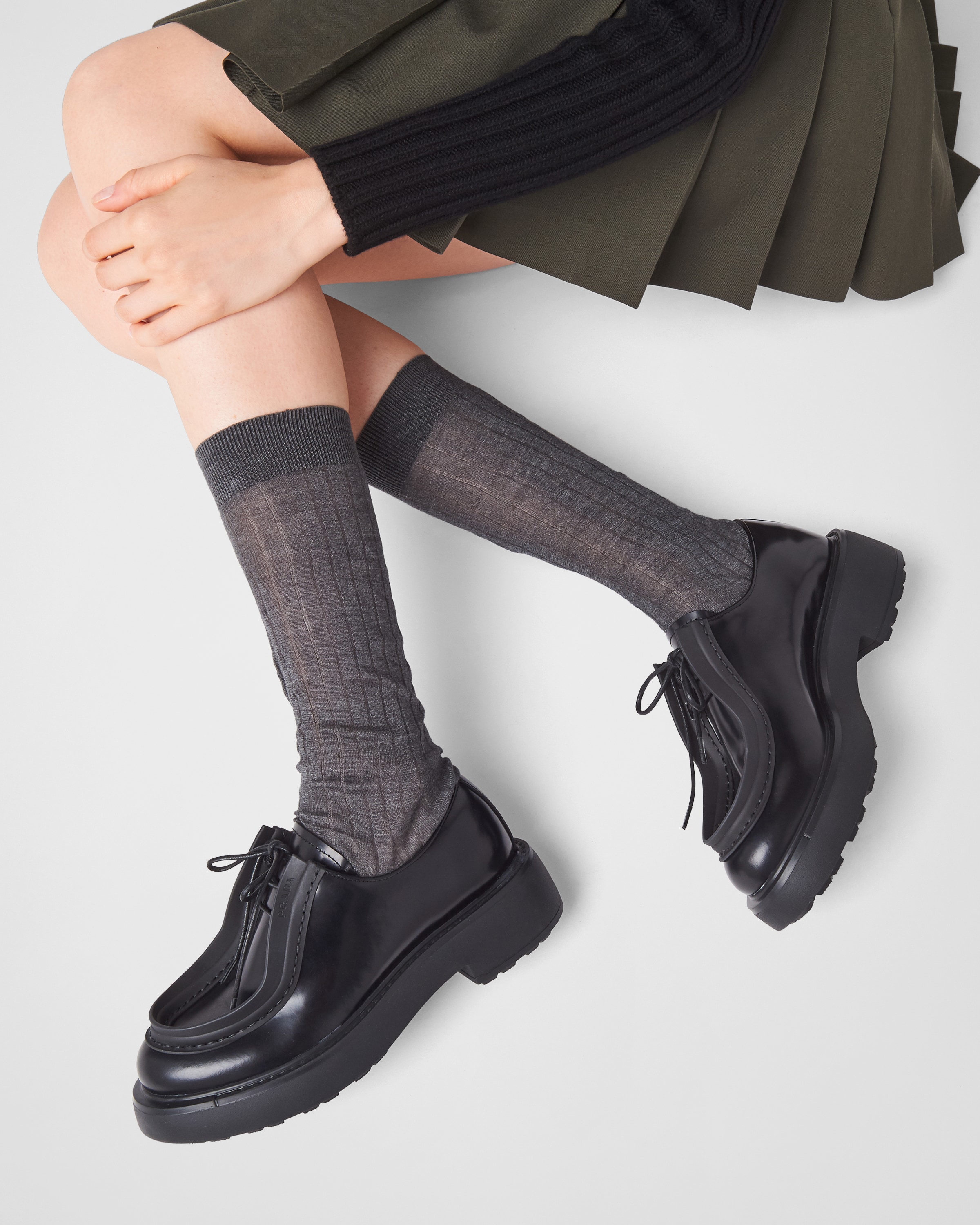 Black Brushed Leather Lace up Shoes PRADA