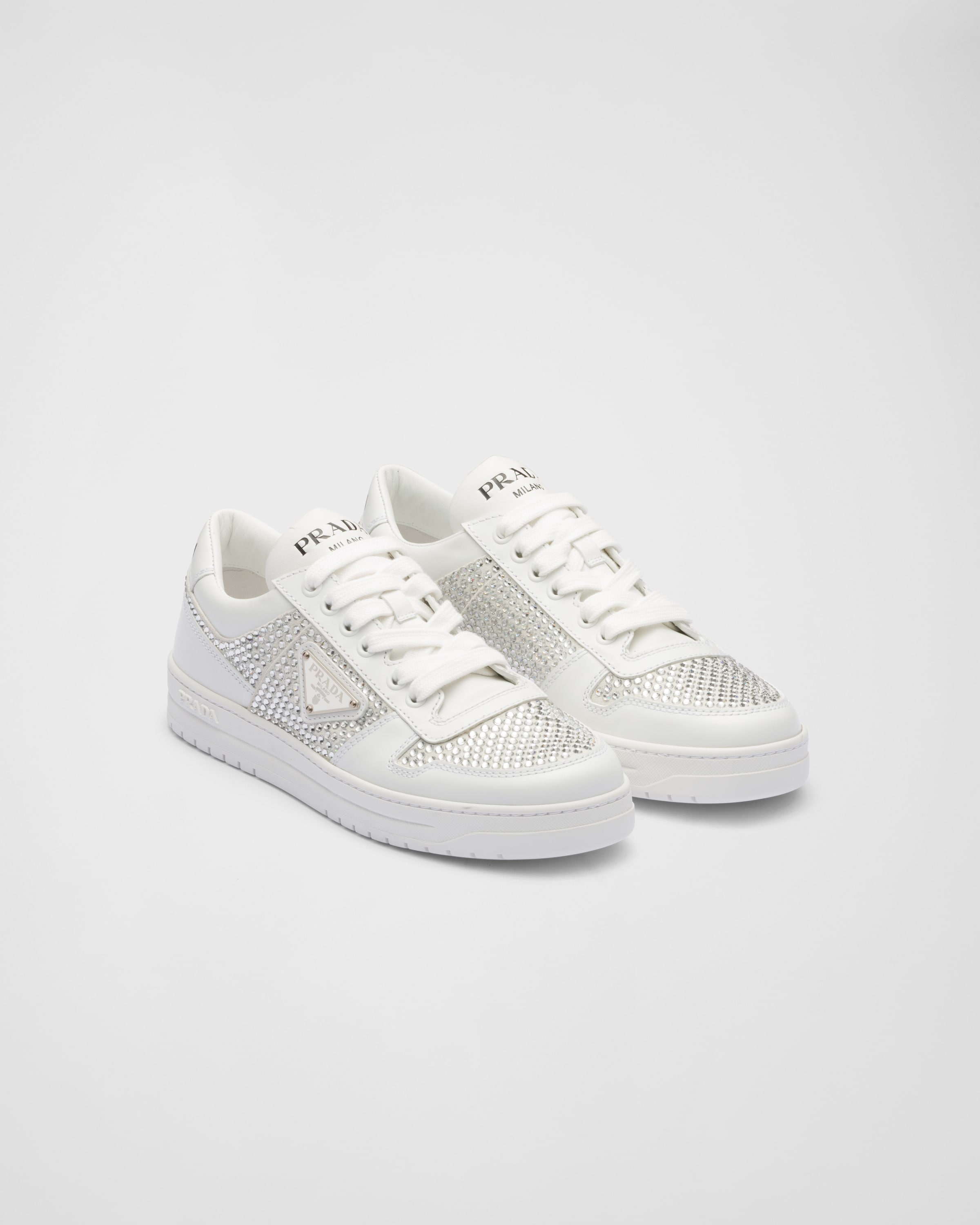 Shop Prada Leather Sneakers With Crystals In White