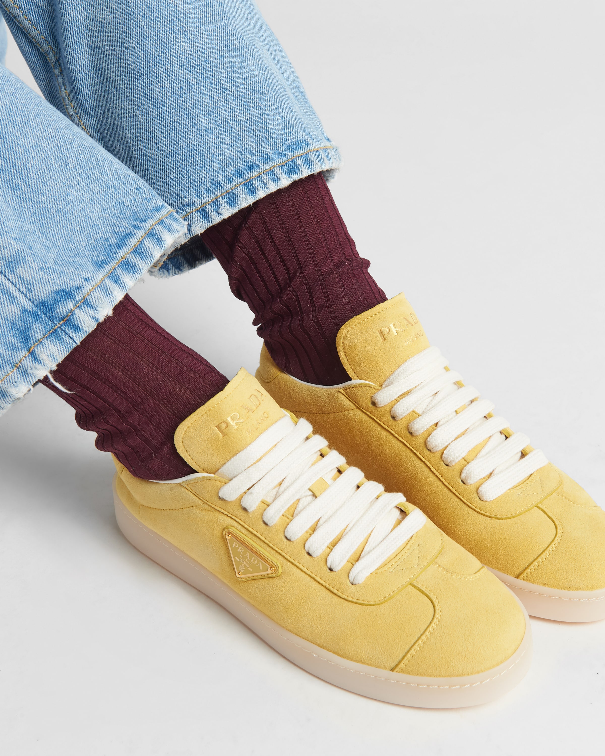 Shop Prada Suede Sneakers In Sunny Yellow