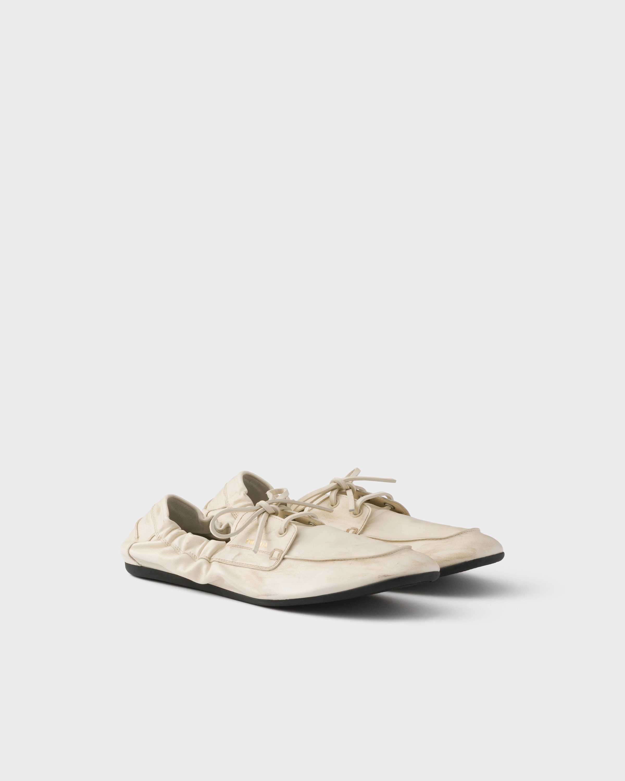 Chalk White Shuffle antiqued leather boat shoes | PRADA - United
