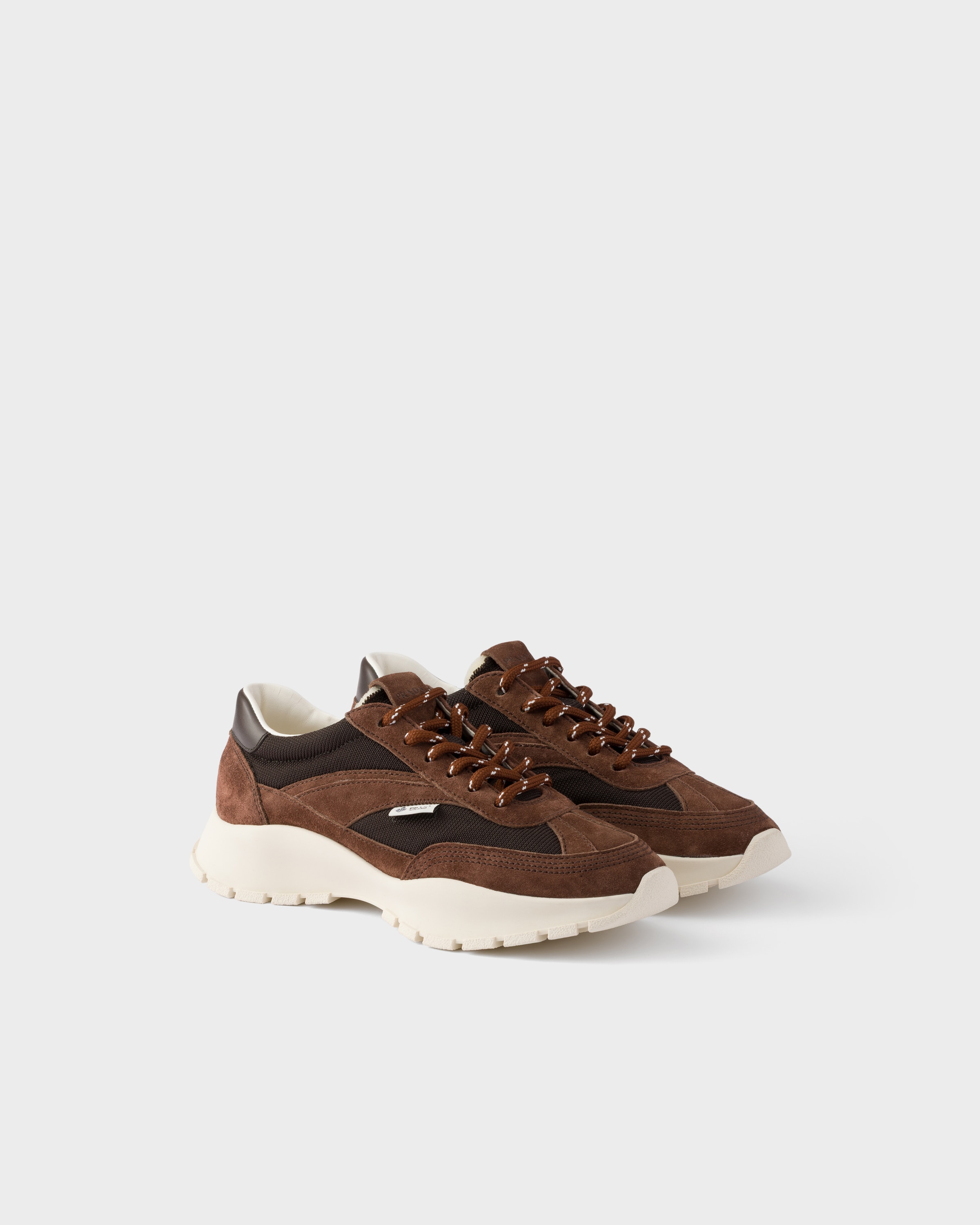 Cocoa Brown Mesh Fabric And Suede Sneakers | PRADA - United States