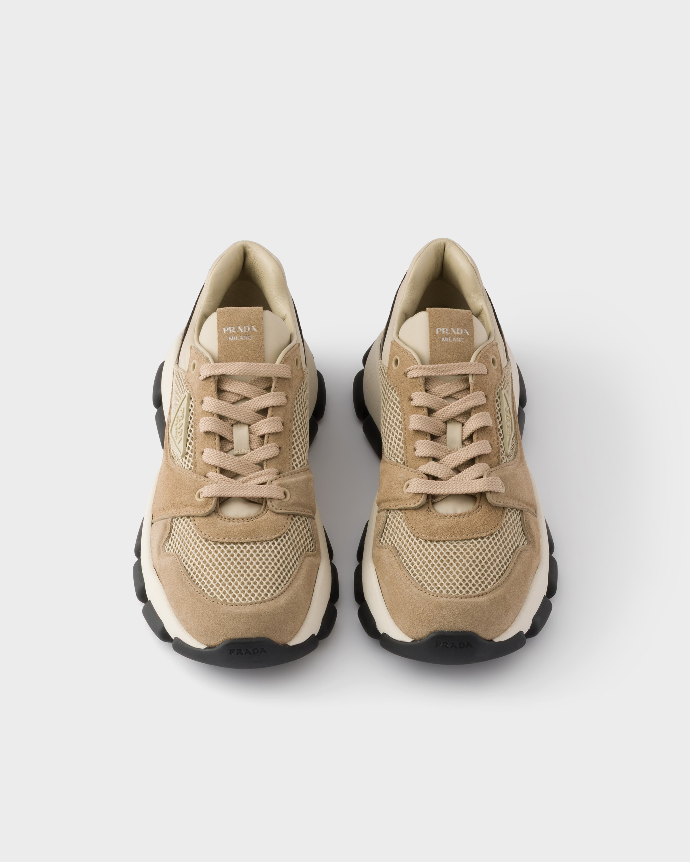 Desert Beige Mesh Fabric And Suede Sneakers | PRADA - United States