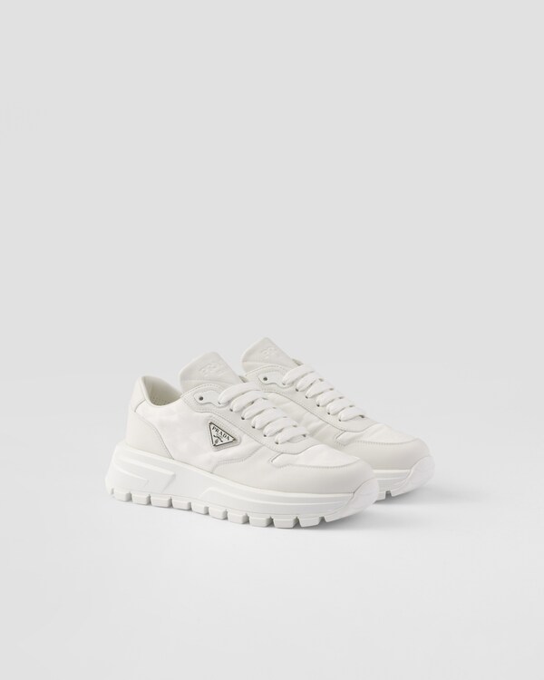 Ivory Downtown Bold nylon and suede sneakers | PRADA