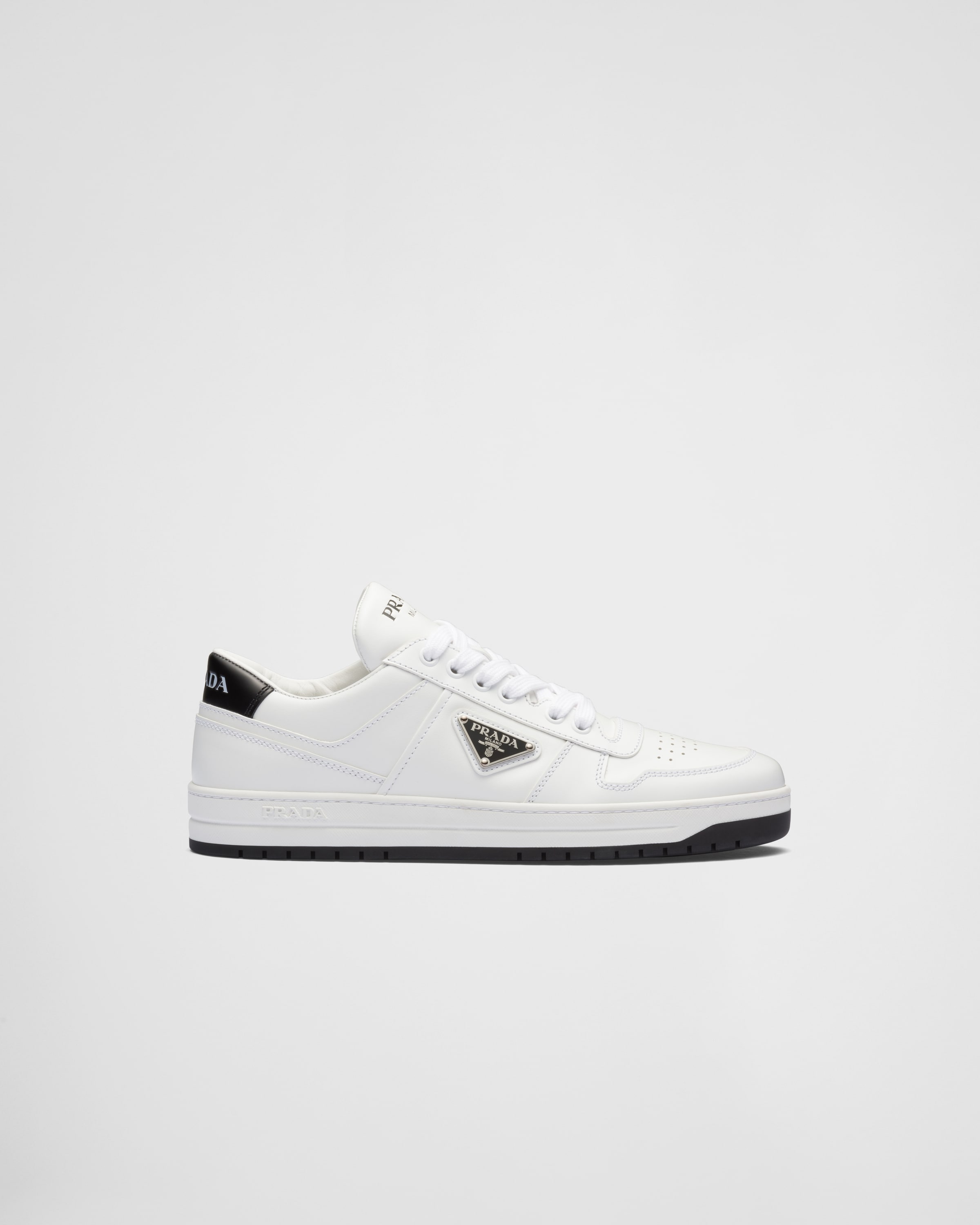 White/black Downtown perforated leather sneakers | Prada