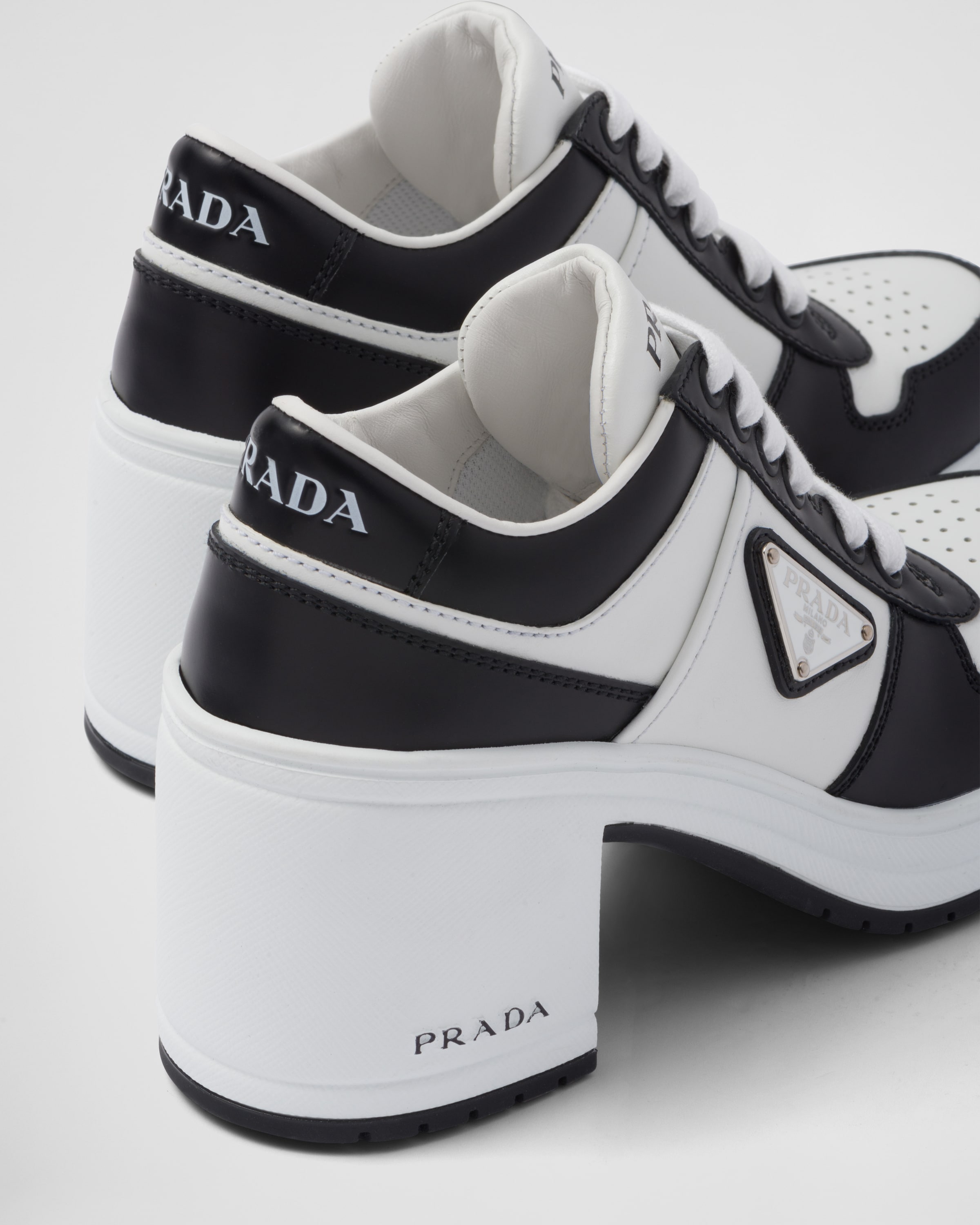 White/black Downtown high-heeled leather sneakers | Prada