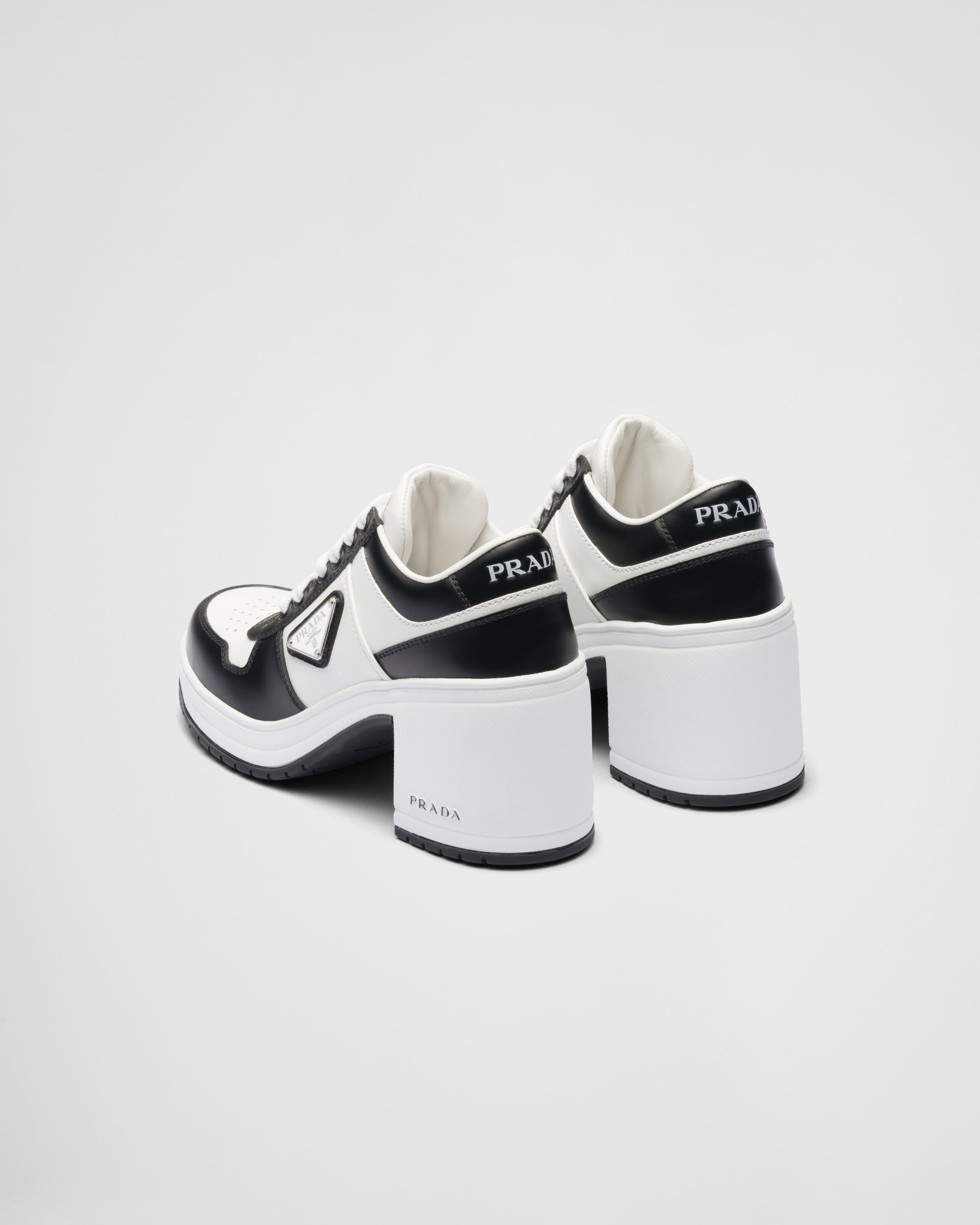 White/black Downtown high-heeled leather sneakers | Prada