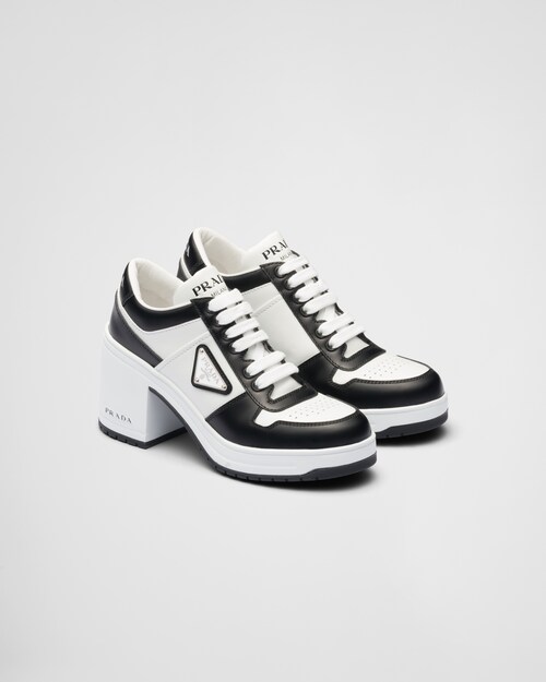 White/black Downtown high-heeled leather sneakers | Prada