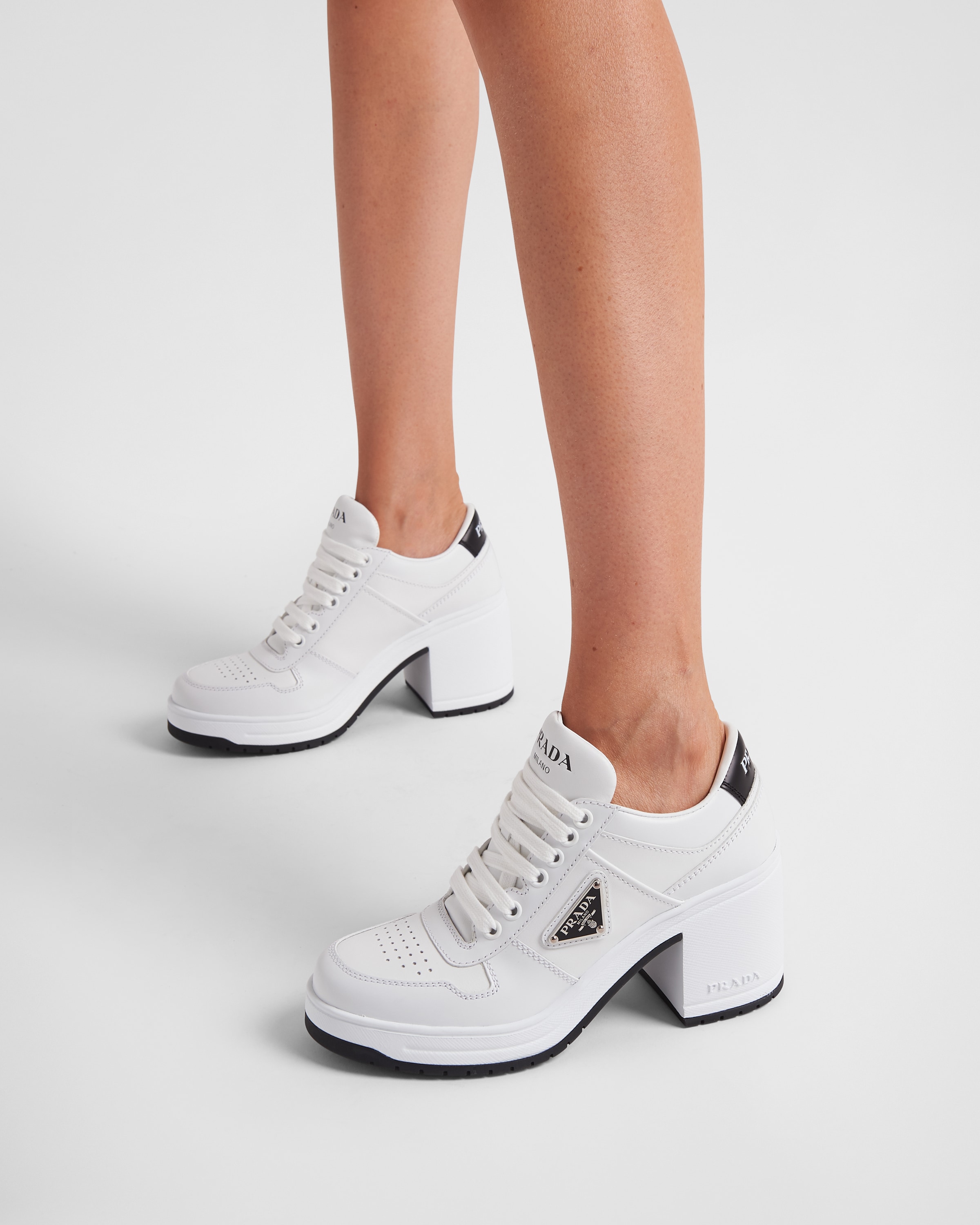 White Downtown high-heeled leather sneakers | Prada