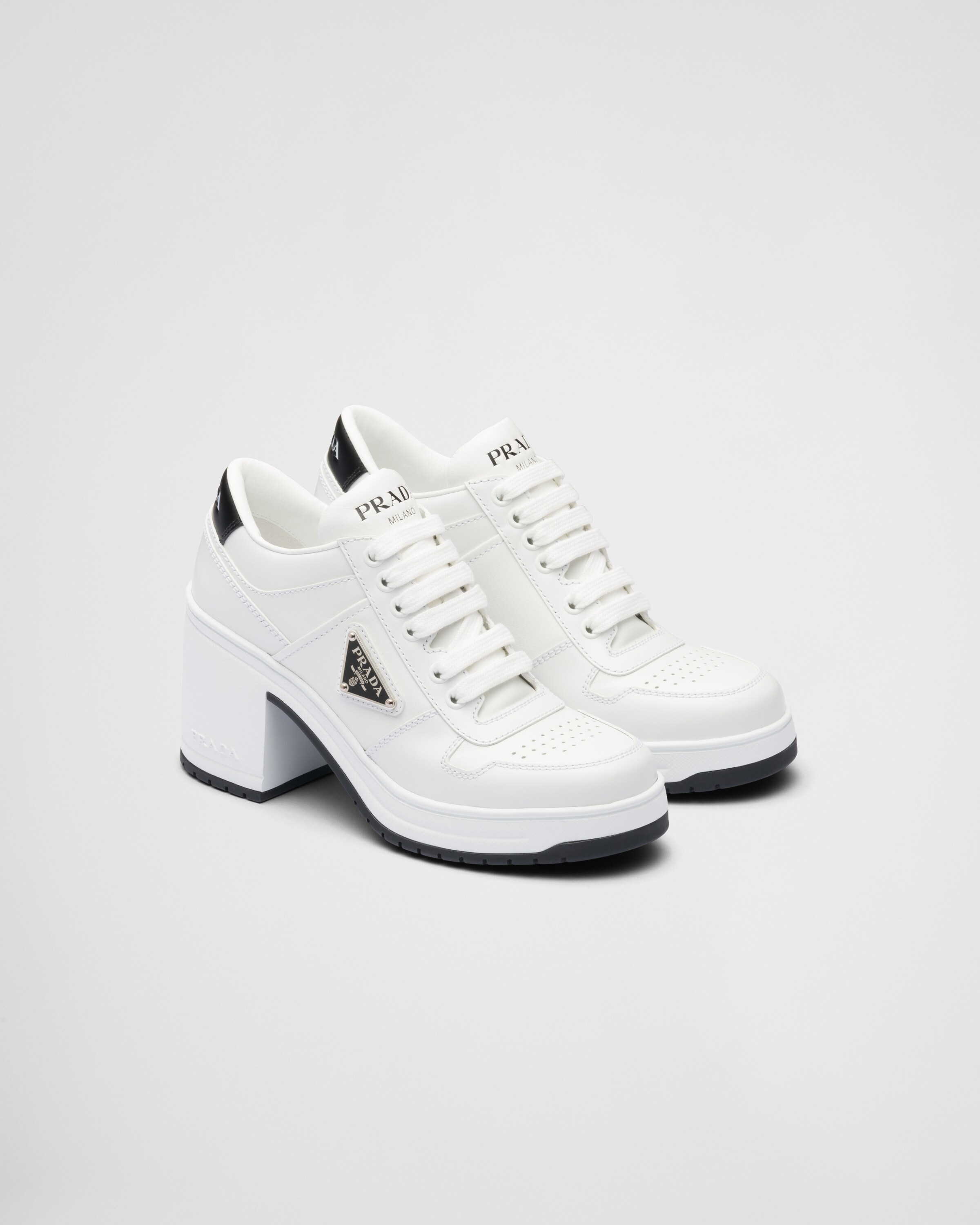 White Downtown high-heeled leather sneakers | Prada