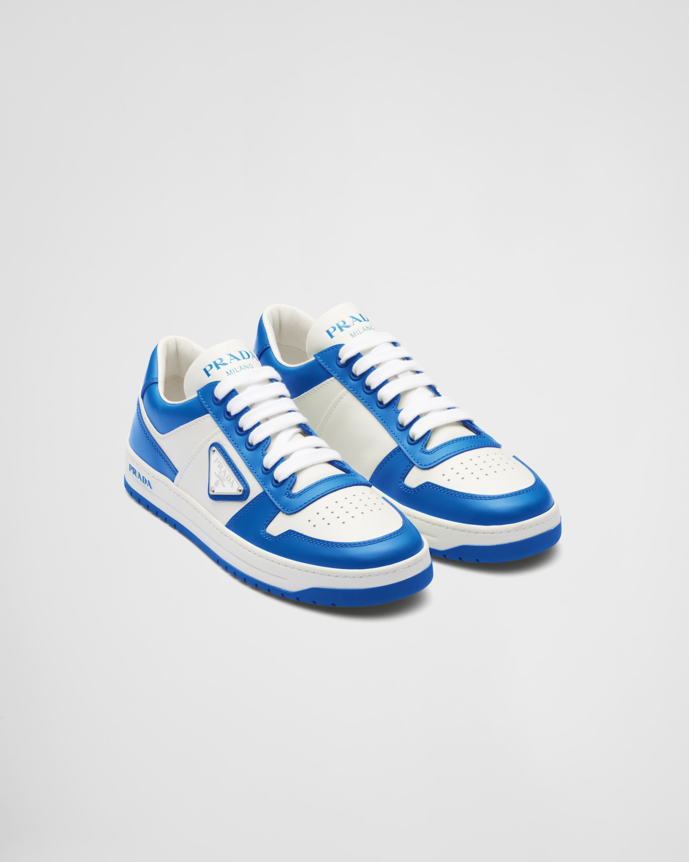 White cobalt Blue Downtown Leather Sneakers PRADA