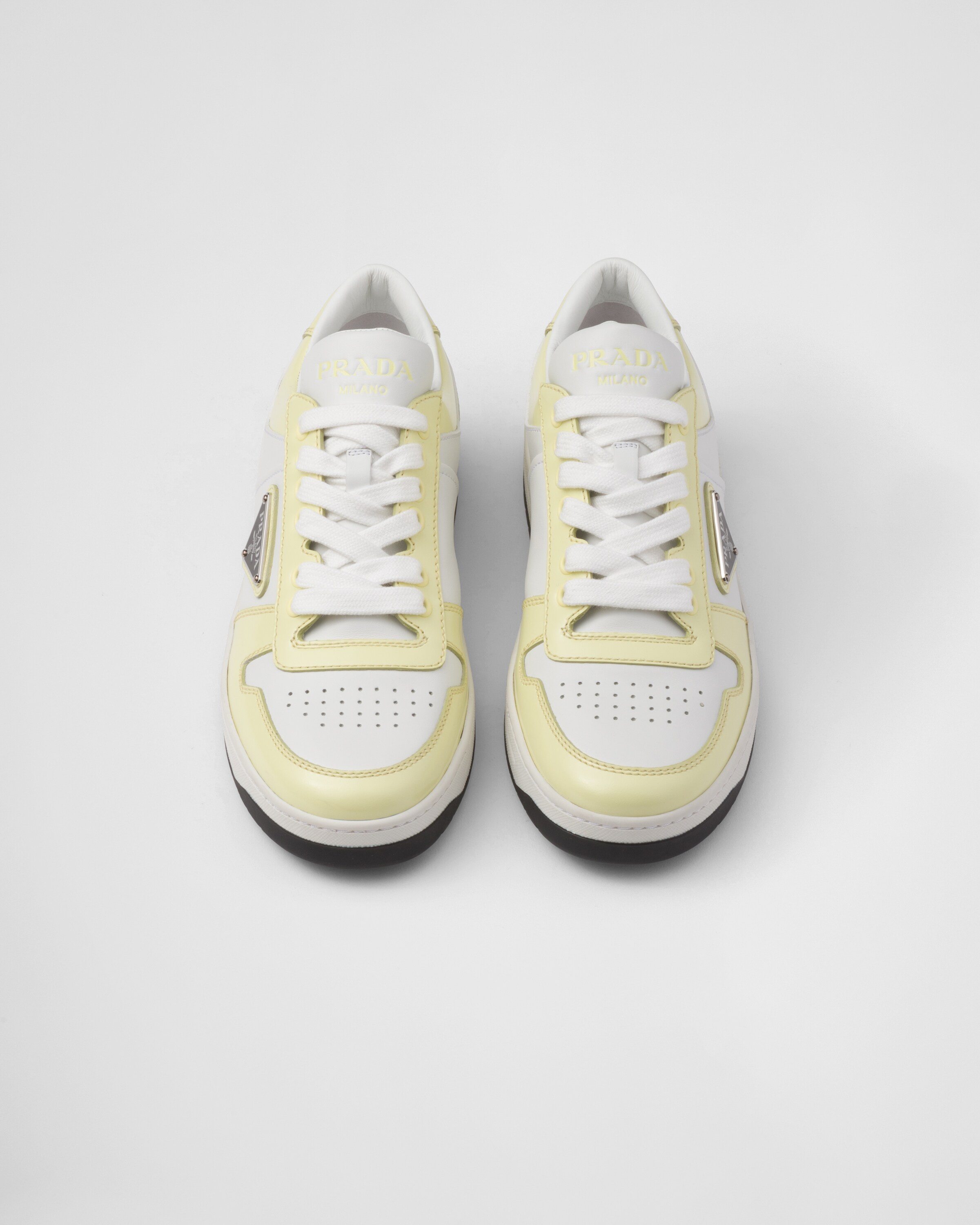 Shop Prada Downtown Leather Sneakers In White/daffodil Yellow