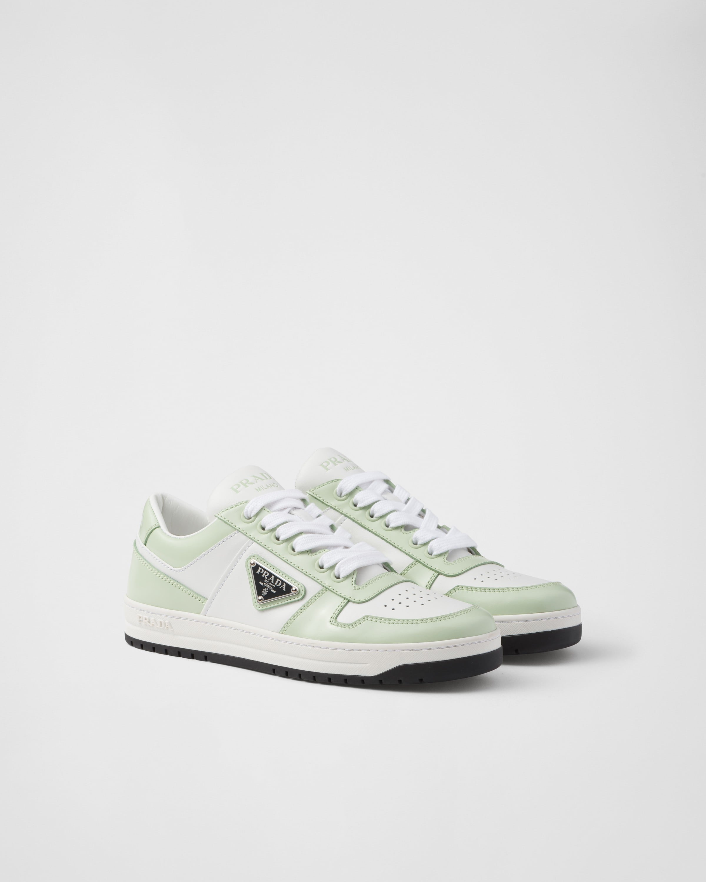 Prada Downtown Leather Sneakers In White/aqua