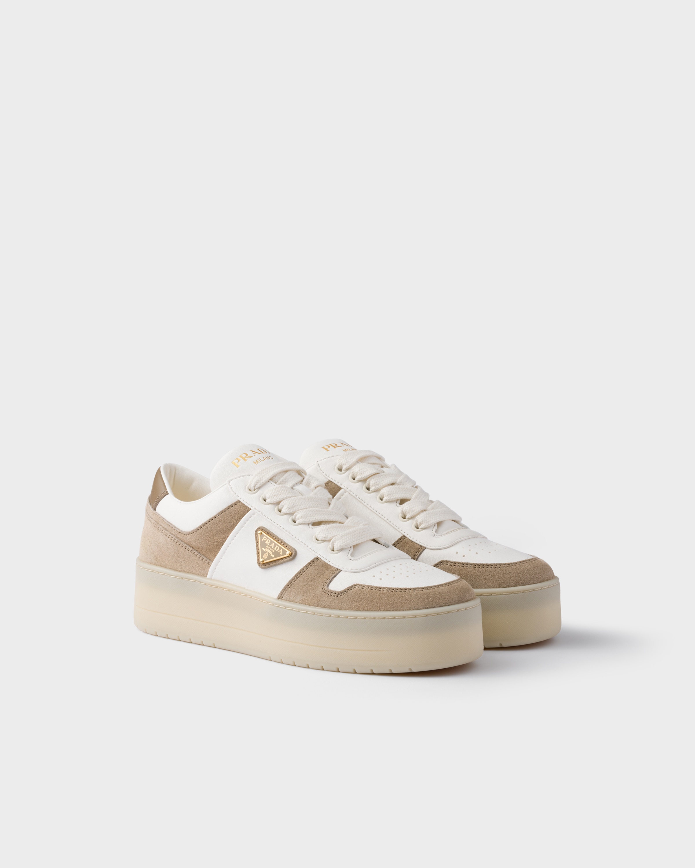 Prada Downtown Bold Nappa Leather And Suede Sneakers In Sand