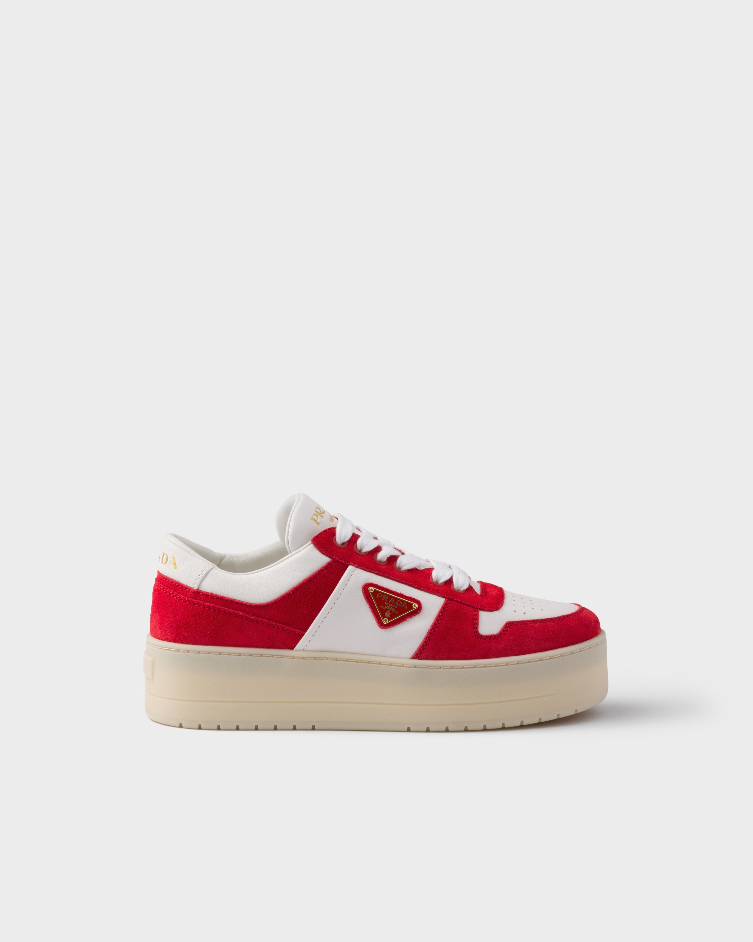 Prada Suede Platform Downtown Sneakers 50 In White/red