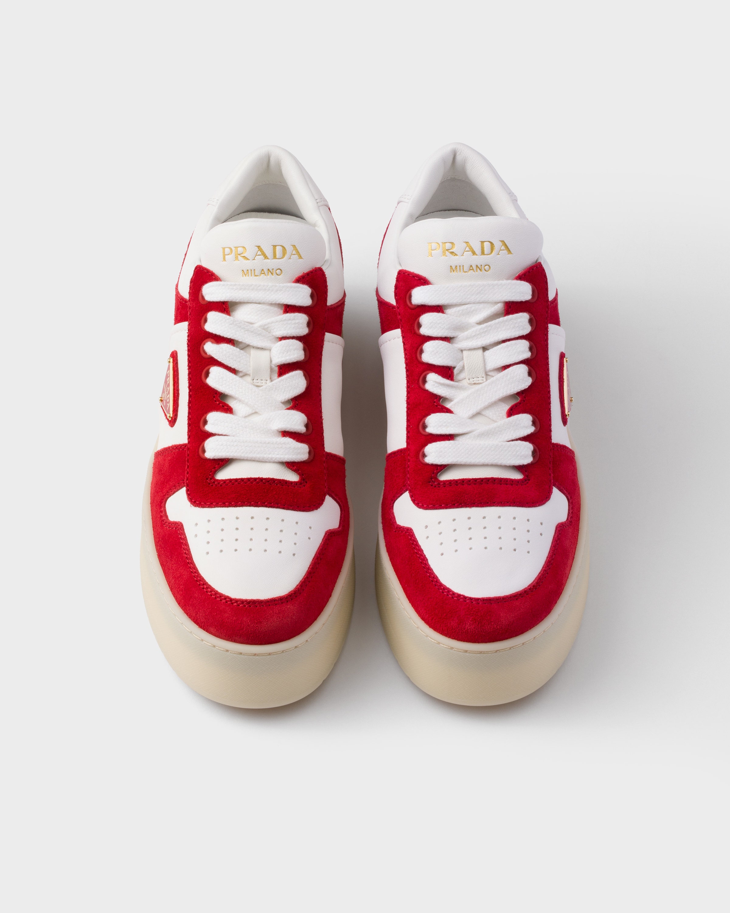 Prada Suede Platform Downtown Sneakers 50 In White/red