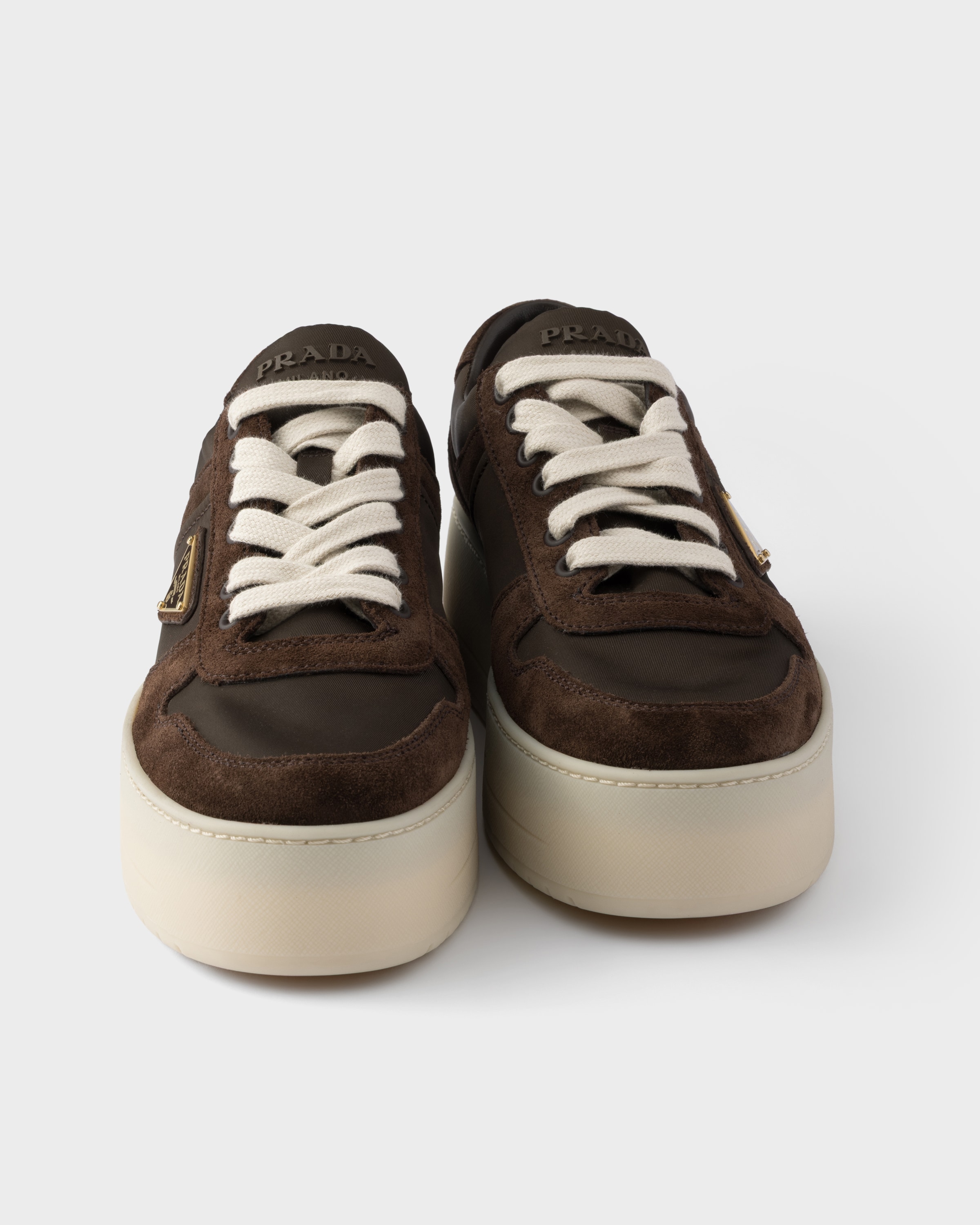 Dark Brown Downtown Bold Re-Nylon and suede sneakers | PRADA - Japan