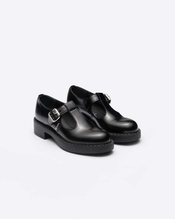 Black Brushedleather Mary Jane Tstrap Shoes PRADA