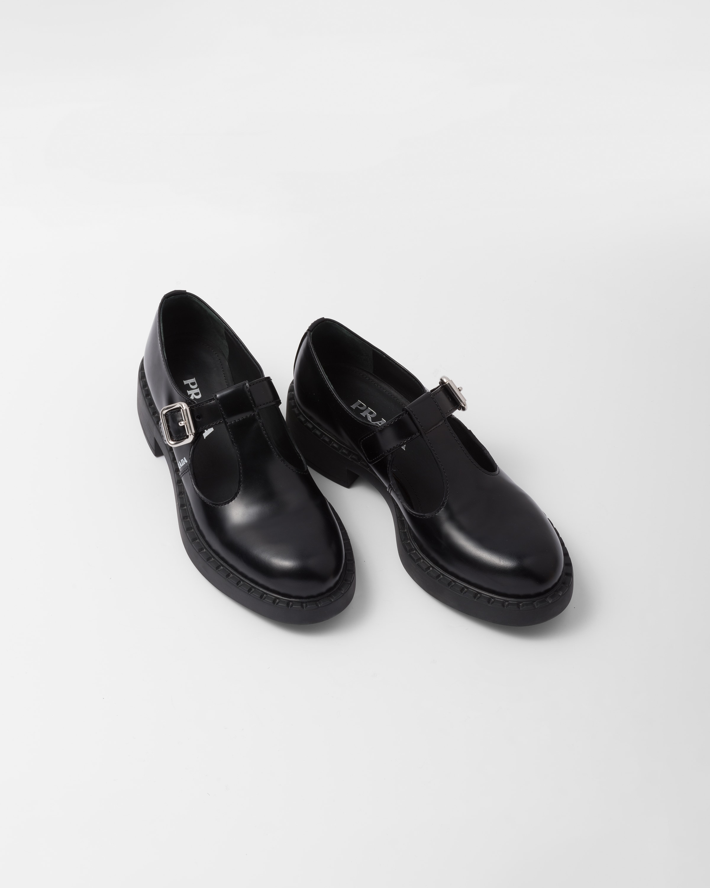 Black Brushedleather Mary Jane Tstrap Shoes PRADA