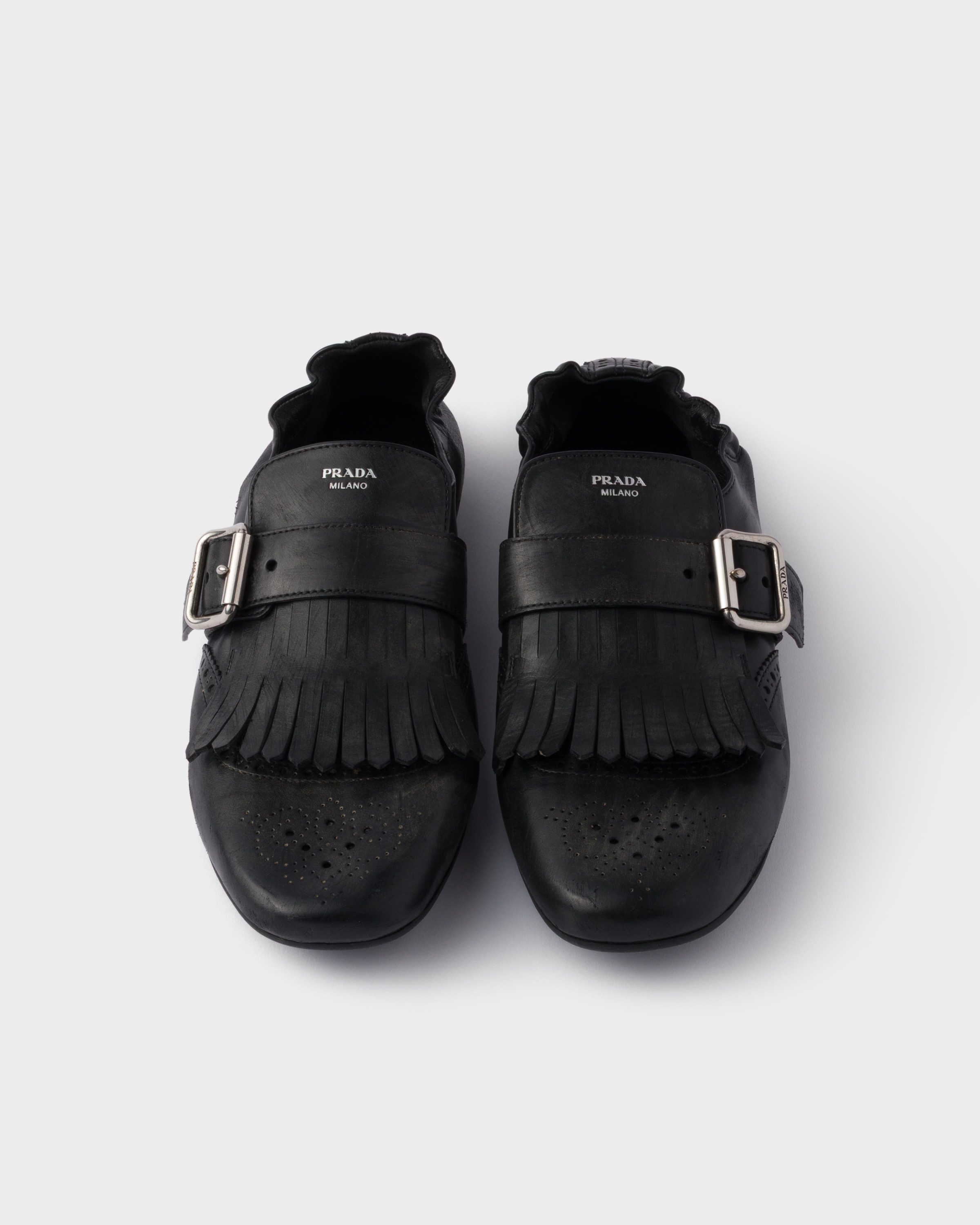 【PRADA】シャッフルレザークロッグ プラダ シャッフル フリンジ付 レザー モンクストラップミュール