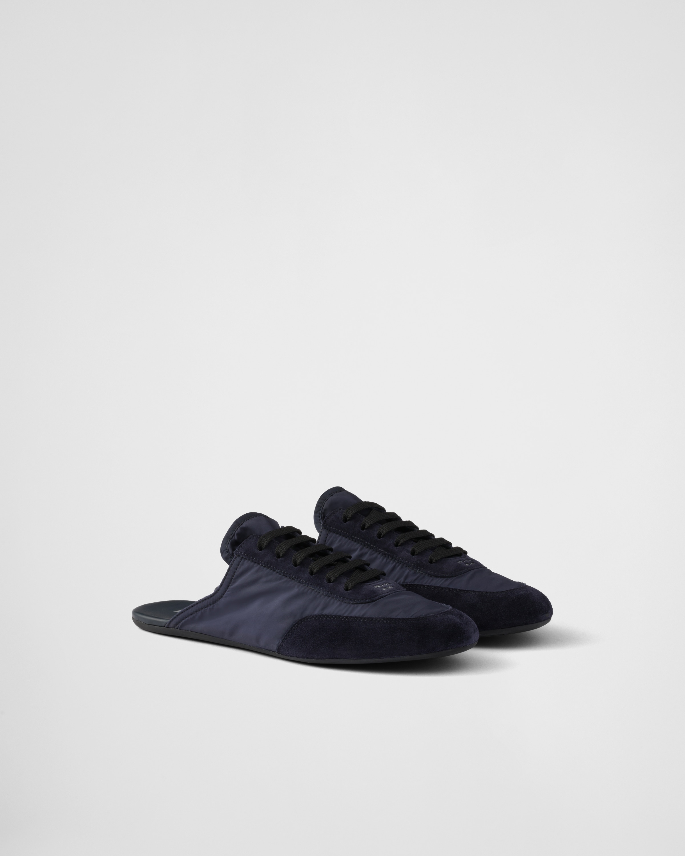 Prada Collapse Re-nylon And Suede Mules In Navy