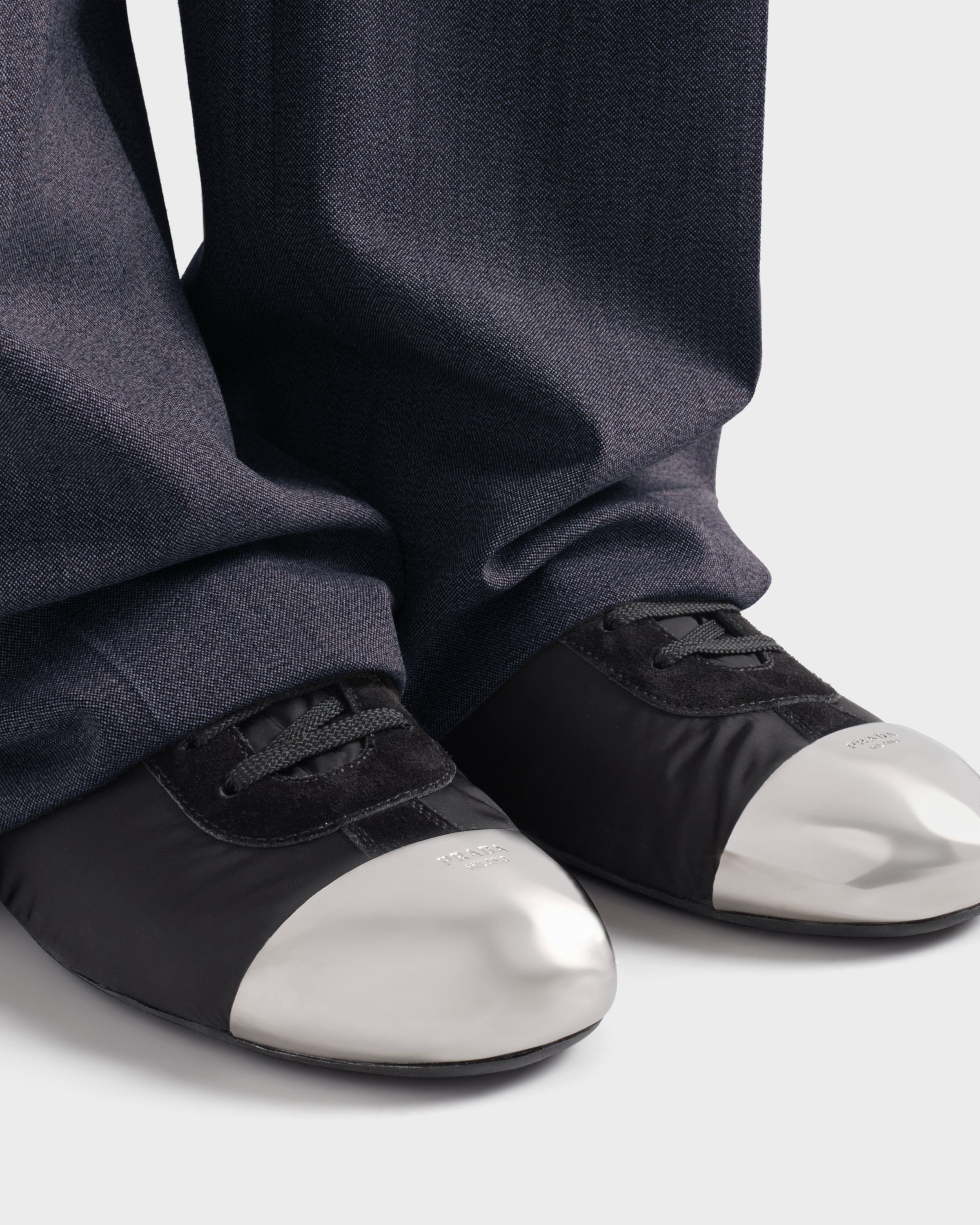 Shop Prada Collapse Re-nylon And Suede Sneakers With Metal Toecap