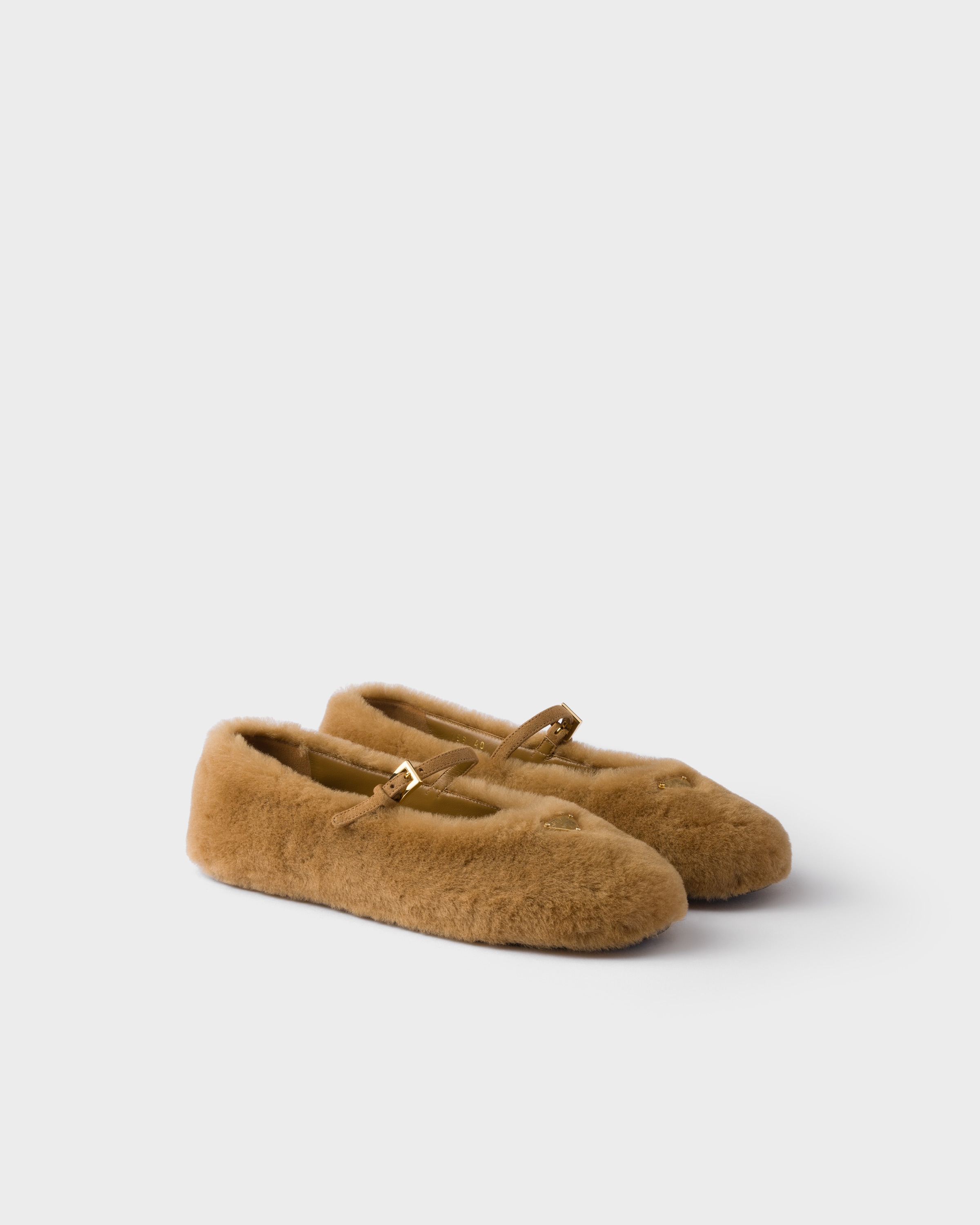 Prada Shearling Mary Jane Ballerina Flats In Brown