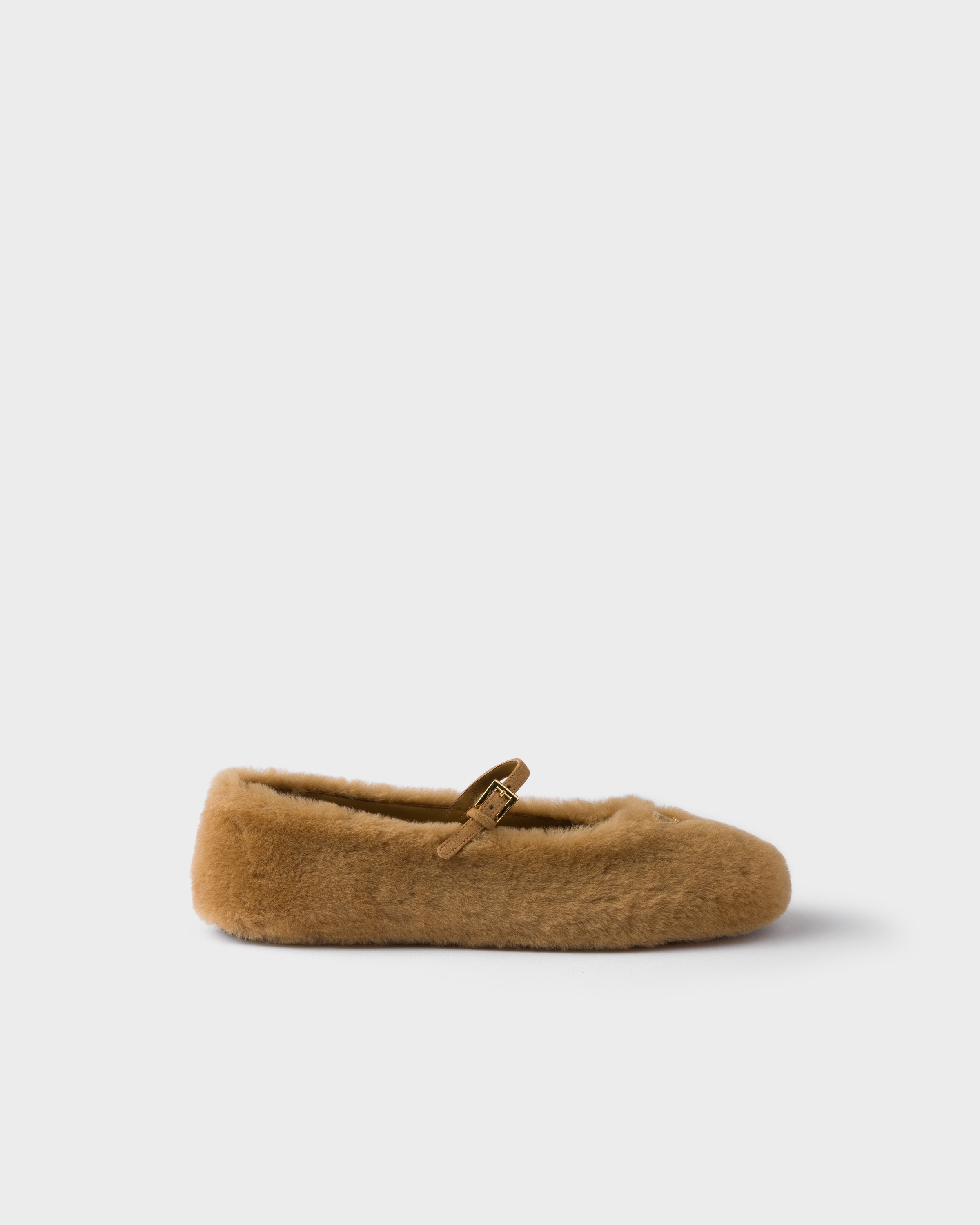 Prada Shearling Mary Jane Ballerina Flats In Brown